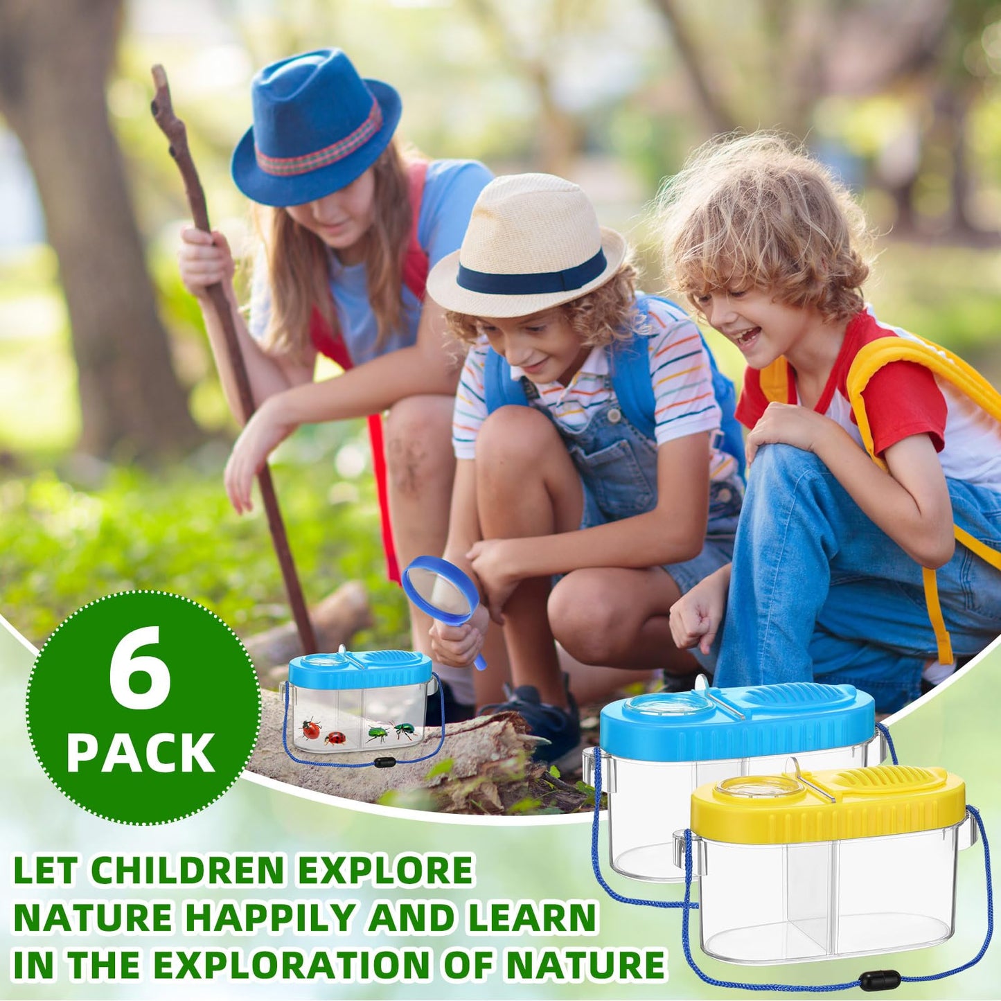 6 Pack Bug Catcher Kit for Kids Bulk Insect Habitat Viewer with Magnifying Glass Vents Portable Bug Collection Cage with Lanyard Nature Outdoor Explorer Set for Boys Girls Birthday Gift(Yellow,Blue)