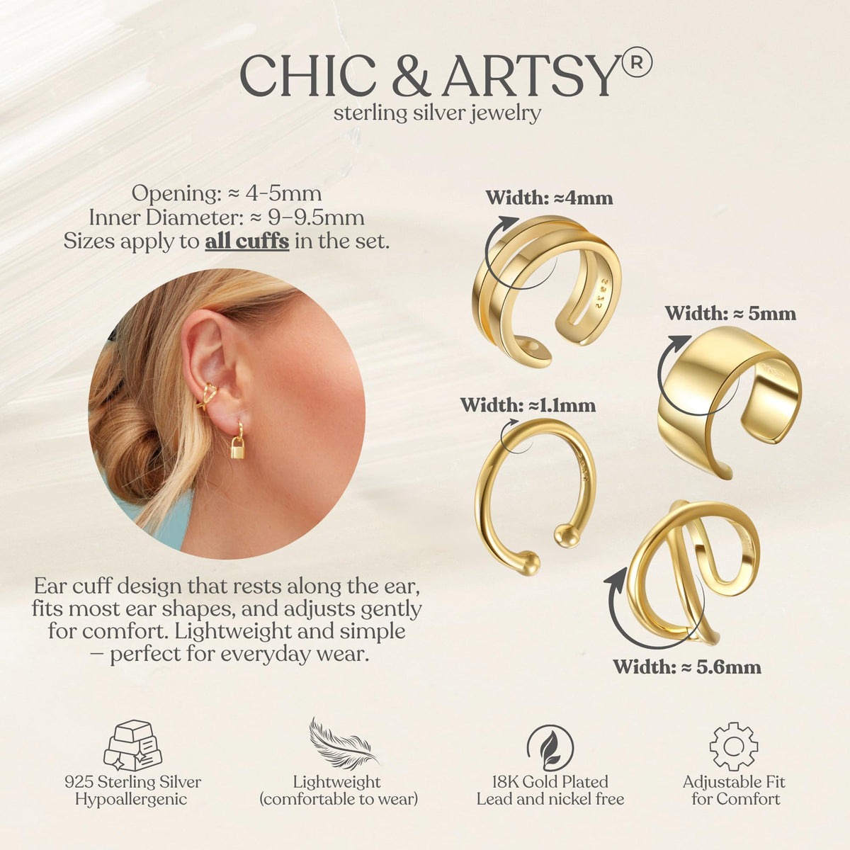 Ear Cuffs 18K Gold Plated 925 Sterling Silver Fake Ear Cuffs Non Piercing Ear Conch Clip on Cartilage Earrings for Women Men 4 Various Styles