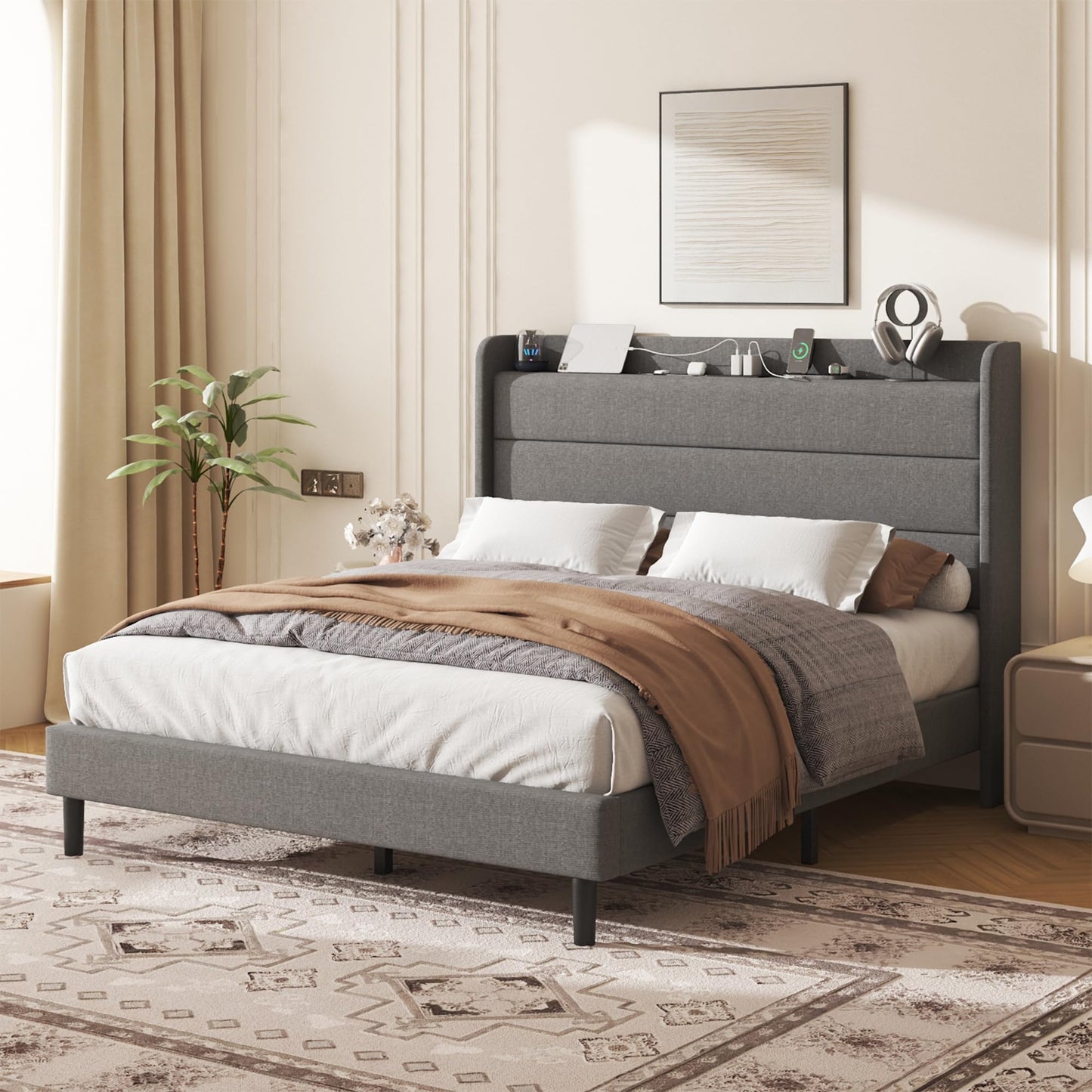 Lcwtvgxr Queen Size Linen Multifunctional Bed Frame, Wingback Headboard with Charging Station & Storage Shelf, Upholstered Platform Bed, Noise Free, No Box Spring Needed, Easy Assembly, Grey