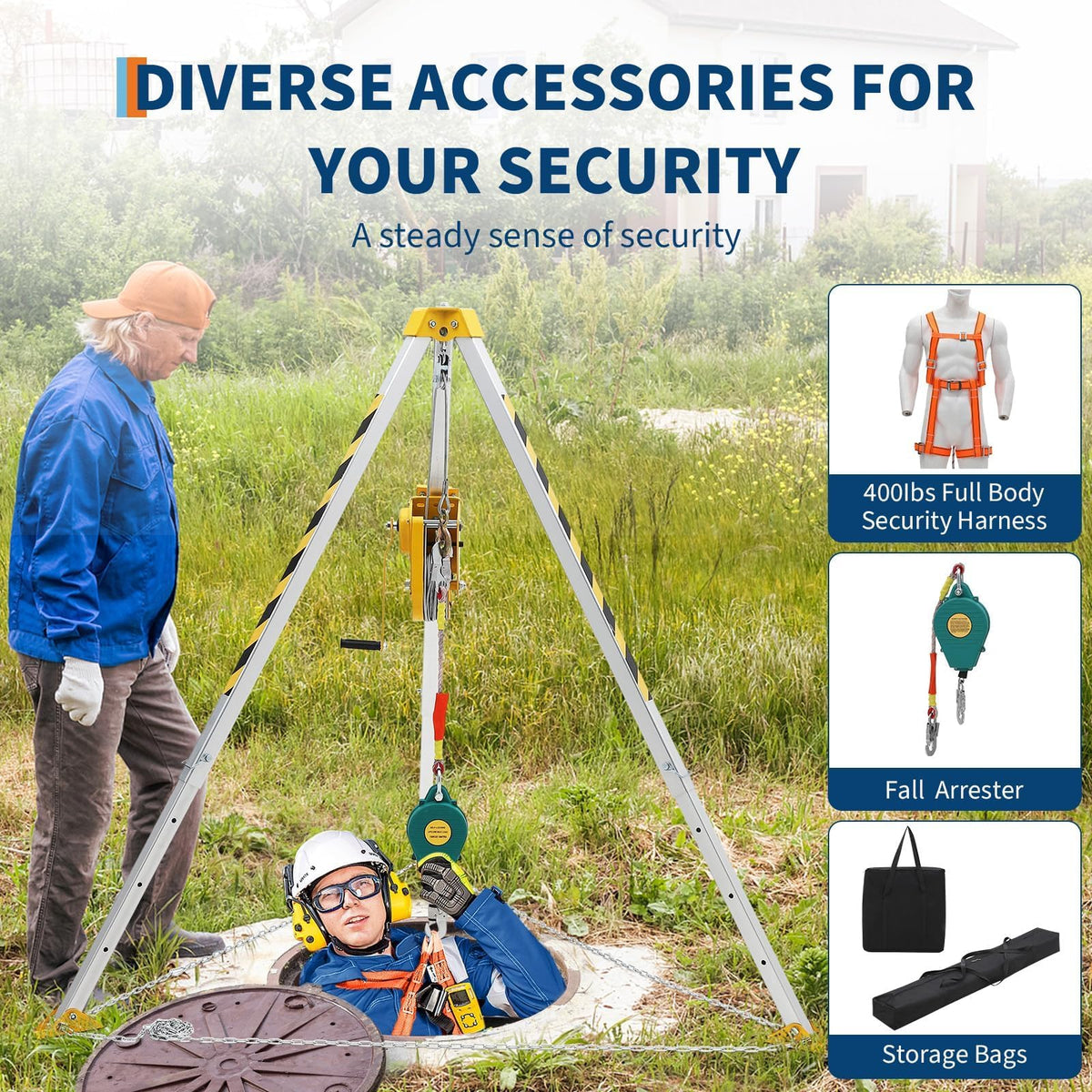 Adjustable Confined Space Tripod Kit with 1200 Lbs Winch, 8-Foot Legs, 98-Foot Steel Cable, 33-Foot Fall Protection, Safety Harness, and Storage Bag for Rescue and Safety Operations