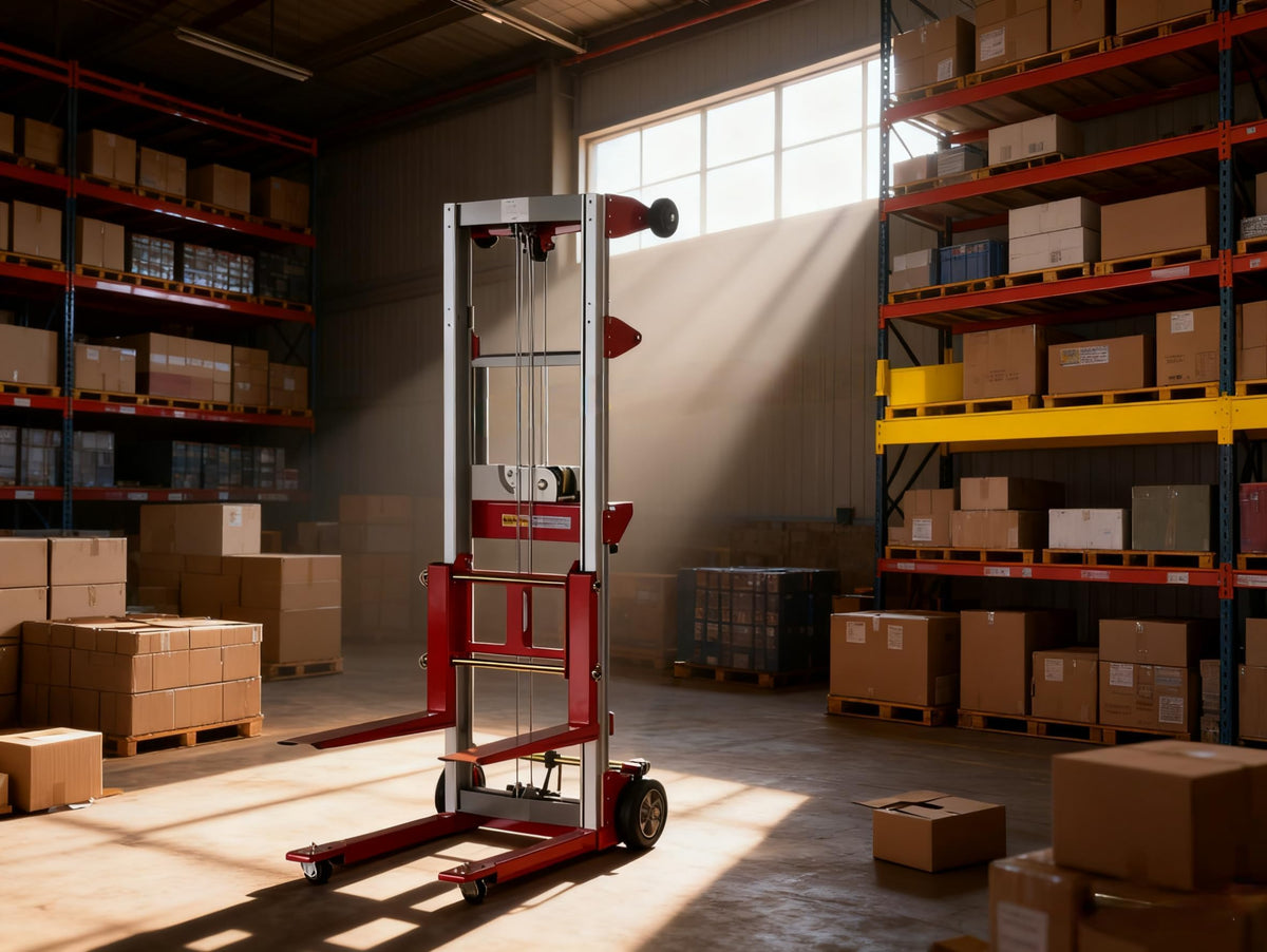 ELOMBR 122" Material Lift Winch Stacker, 400 lbs Capacity Manual Material Lifts, Fixed Straddle Material Lifter, Hand Winch Lift Trucks for Warehouse, Factory, Lightweight, 34.60" L x 24.80" W, Red