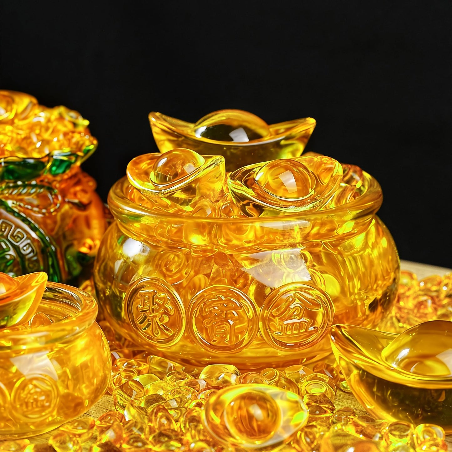 YU FENG 4.7'' Crystal Glass Wealth Bowl with Gold Ingots, Large Wealth Symbol Decor, Prosperity Ornament, Lucky Gift for Home Office Desk Decoration
