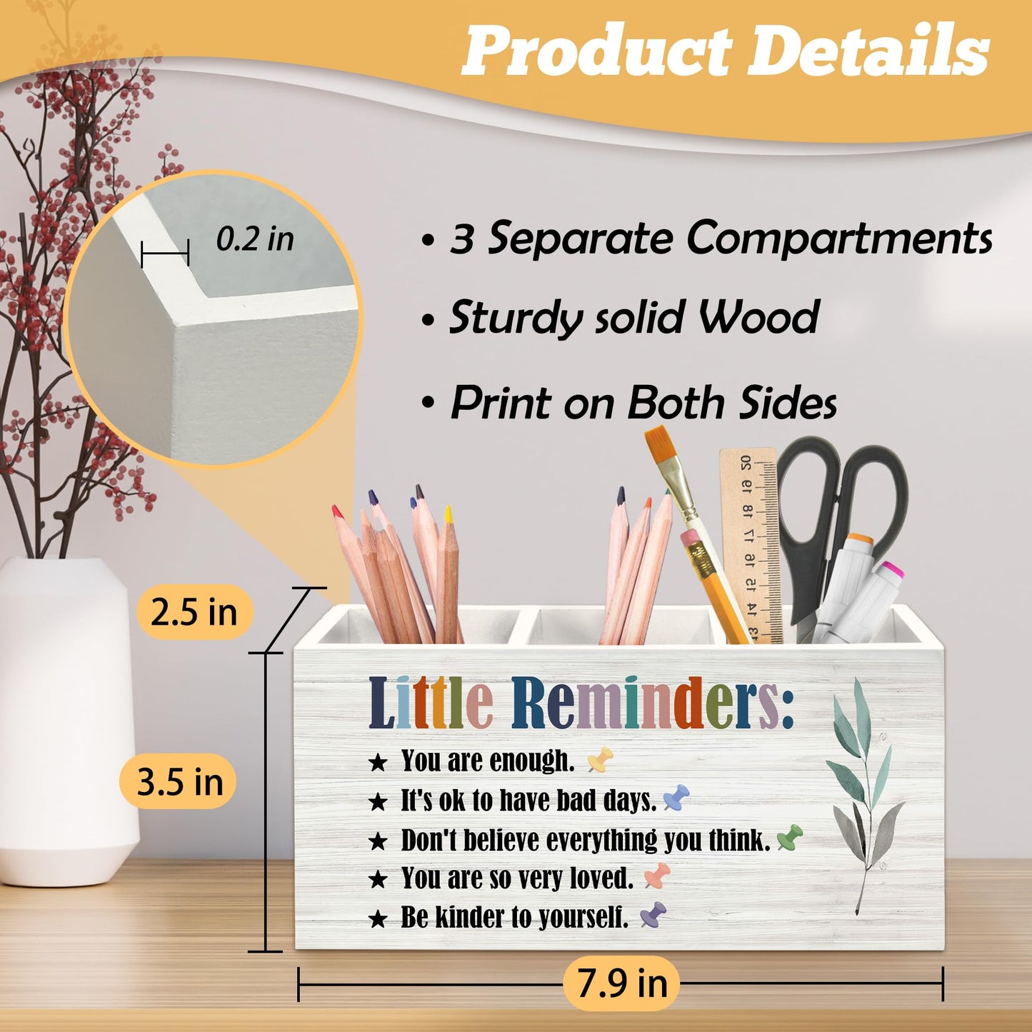 Yjeslw Little Reminders Inspirational Pen Holder Organizer for Desk Accessories, Positive Gifts, Mental Health Motivational Wooden Box Sign Desk Decorations for Home Bedroom Office Decor