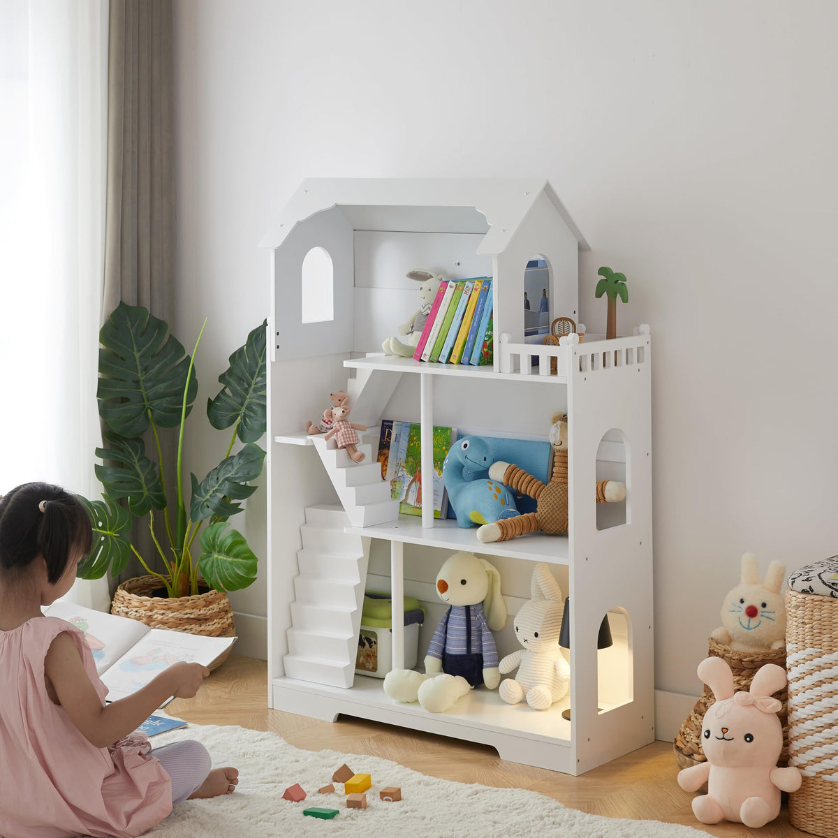 Ocinone Wooden Dollhouse Bookshelf - Toddler Doll House Bookcase, Extra Space Kids Toy Storage Book Shelf, 3-Tier Children Dollhouse, Pretend Play Toy House (Modern Flat Roof)