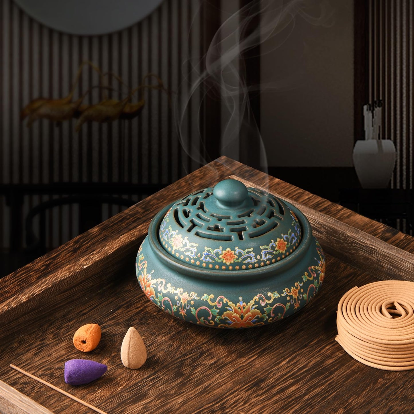 plainele Ceramic Incense Burner with Incense Holder+ Fireproof Cotton,Handmade Smudging Burn Bowl for Stick or Coil Incense,Sage Cones,Frankincense and Mosquito Incense (Enamel)