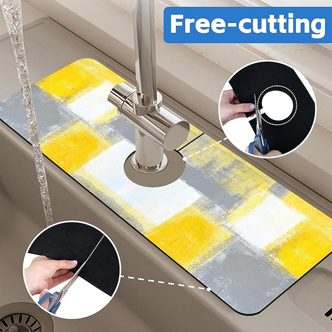 Grey and Yellow Abstract Kitchen Sink Splash Guard Mat Absorbent Fast Drying