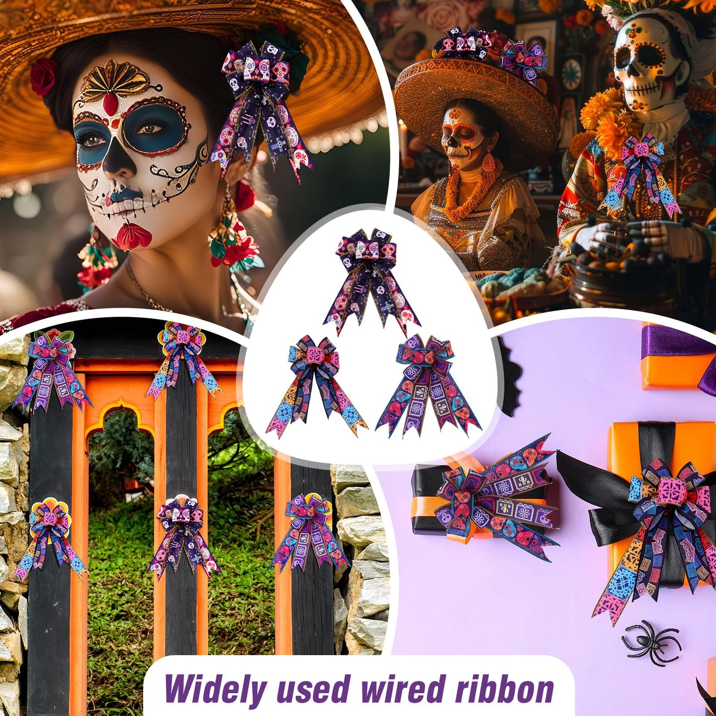 6 Rolls 30 Yards Days of The Dead Ribbons 2'' Mexican Dia De Los Meurtos Ribbon Wired Edge Sugar Skull Papel Picado Skeleton for Wreath Bows DIY Craft Gift Wrapping Halloween Mexican Party Supplies