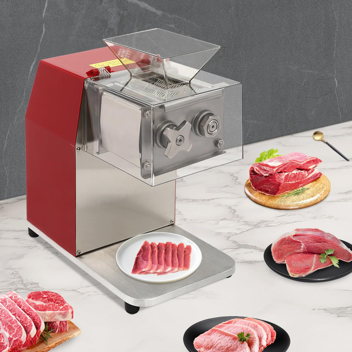 Commercial Meat Cutting Machine, 1100W Meat Shredding Machine, 3.5mm Blade Electric Meat Cutter, Stainless Steel Restaurant Food Cutter, for Kitchen Supermarket Lamb Beef Chicken, Red