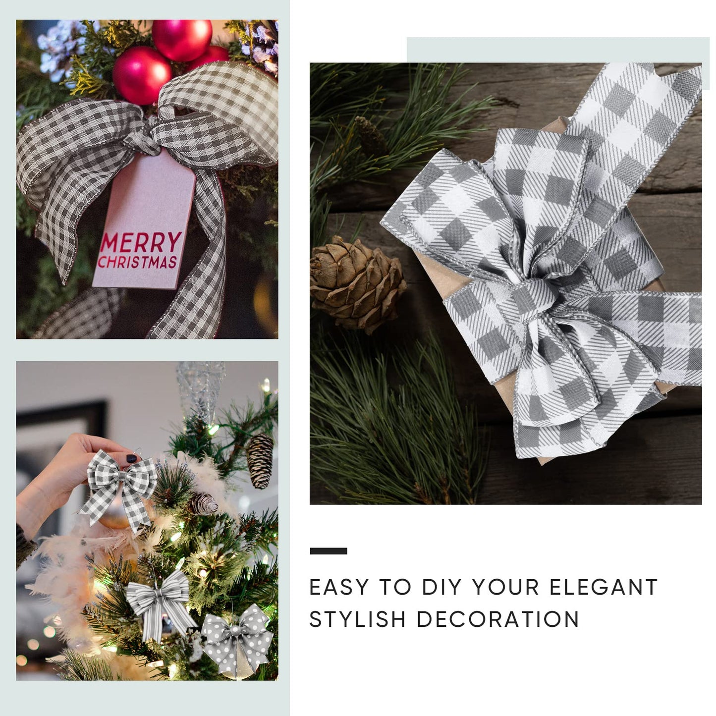 Moukeren Grey Wired Edge Plaid Ribbon 3 Rolls 2.5 Inch Farmhouse Buffalo Check Gray Ribbon Polka Dot Striped Belt Buffalo Plaid Belt Wire Decor for DIY Crafts Gifts Wreath Bow, 15 Yards