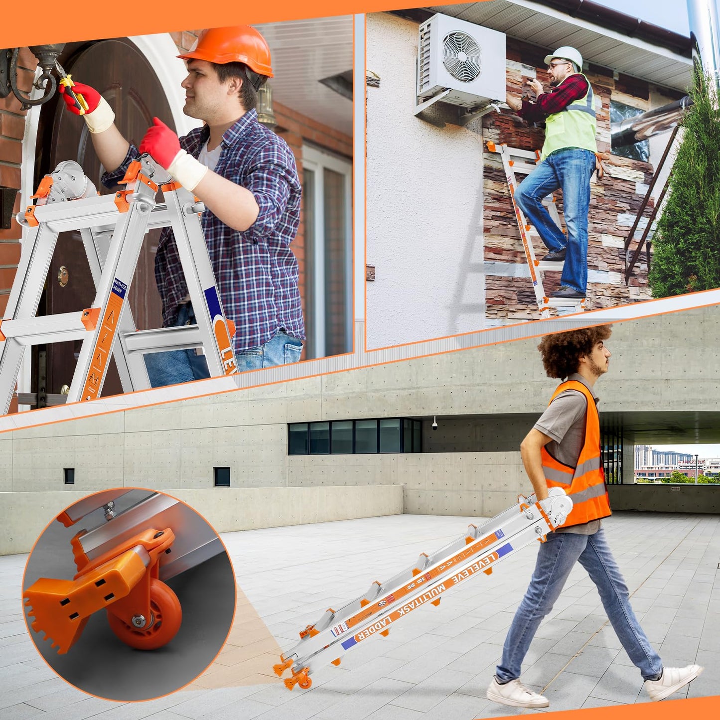 LEVELEVE Telescoping A Frame Ladder, 14FT Multi Position Ladder with Stabilizer Bar & Wheels,330 lbs Security Load for Stairs Home Indoor Outdoor Roof