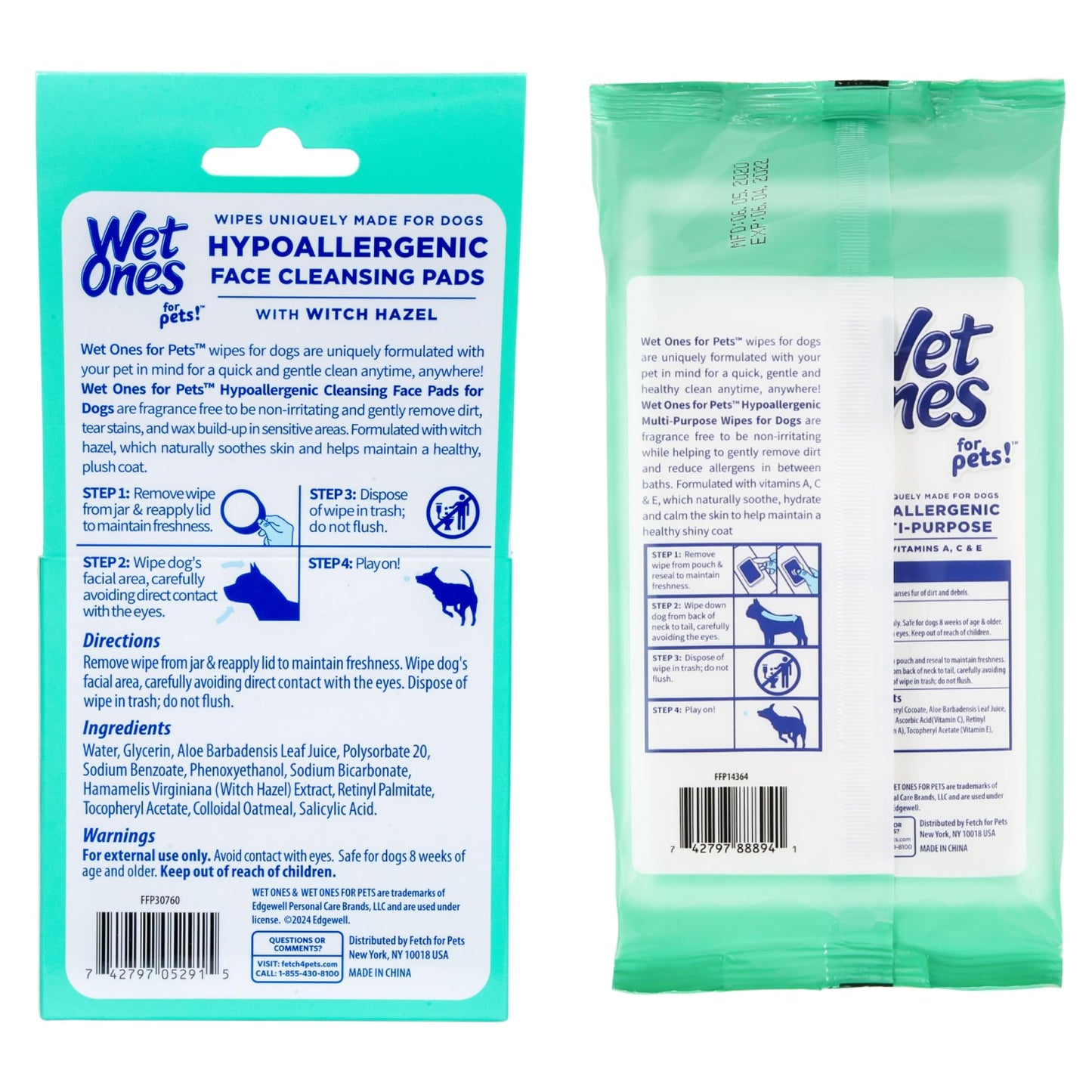 Wet Ones for Pets Hypoallergenic Face Cleansing Pads, Fragrance-Free, 3.2 in Round, 50 ct + Hypoallergenic Dog Wipes with Vitamins A, C & E, Fragrance-Free, 100 ct Pouch Bundle