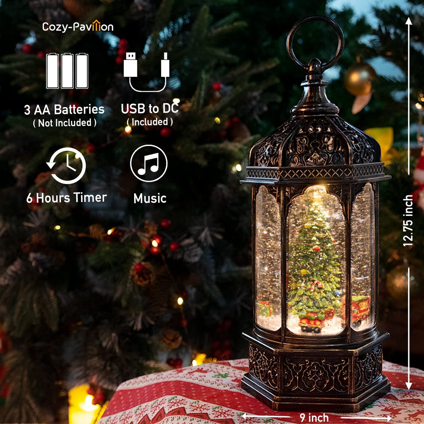 Musical Christmas Tree Snow Globe with Timer, Decorative Trains Rotate with Music, Christmas Ornaments Music Box for Friends, Women, Adults, 12.7''