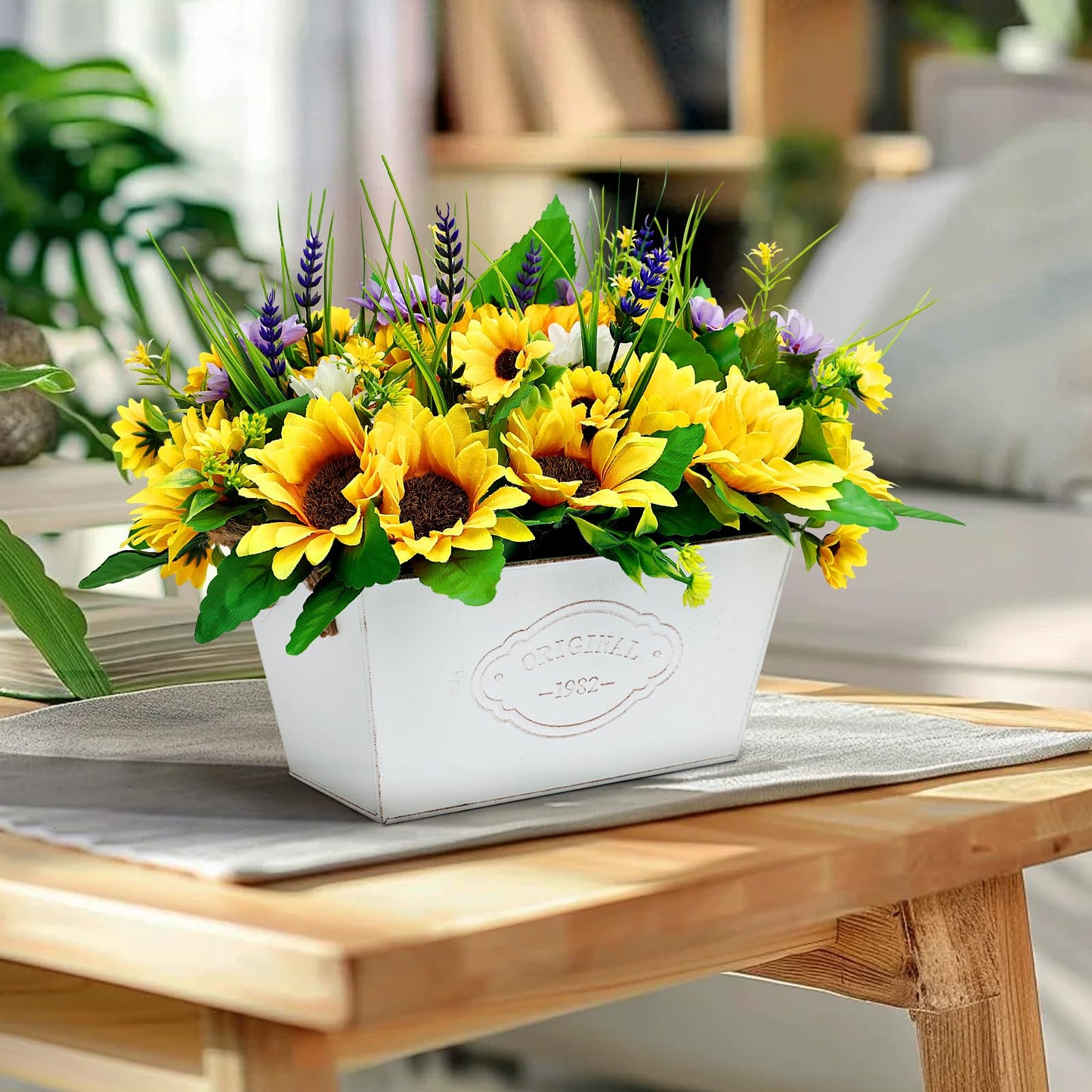 Scawim Pre-made Sunflower Centerpieces for Tables, Farmhouse Artificial Sunflowers Centerpieces in Pot Fake Sunflowers Arrangement for Home Decor, Rustic Potted Greenery for Wedding Party Kitchen Room