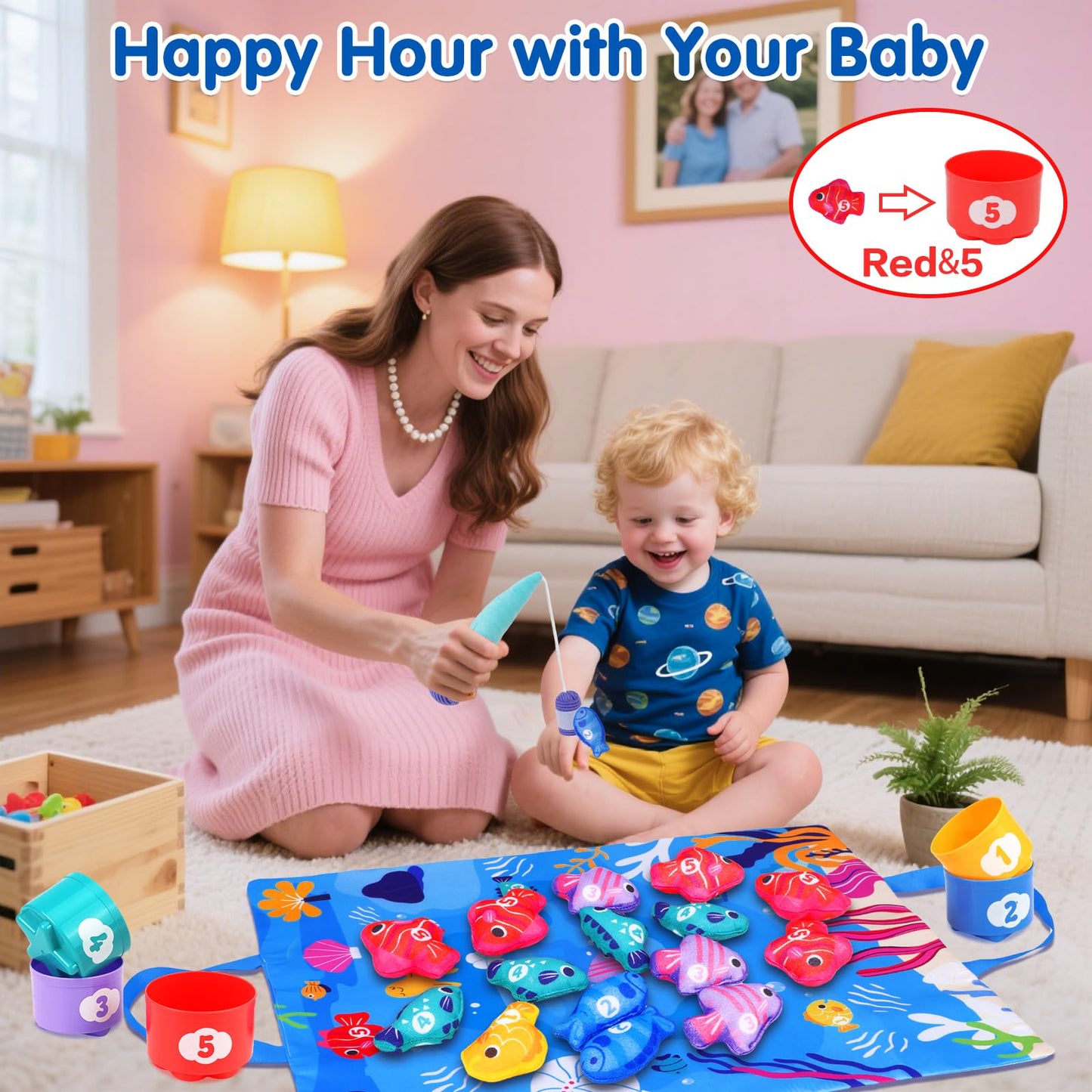 Arovan Montessori Toys for 1 Year Old - Cloth Fishing Game with Stacking Cups Toddler Toys for One Year Old Boy Girl First Birthday Gift - Sorting Learning Baby Toy 12-18 Months 1 2 Year Old