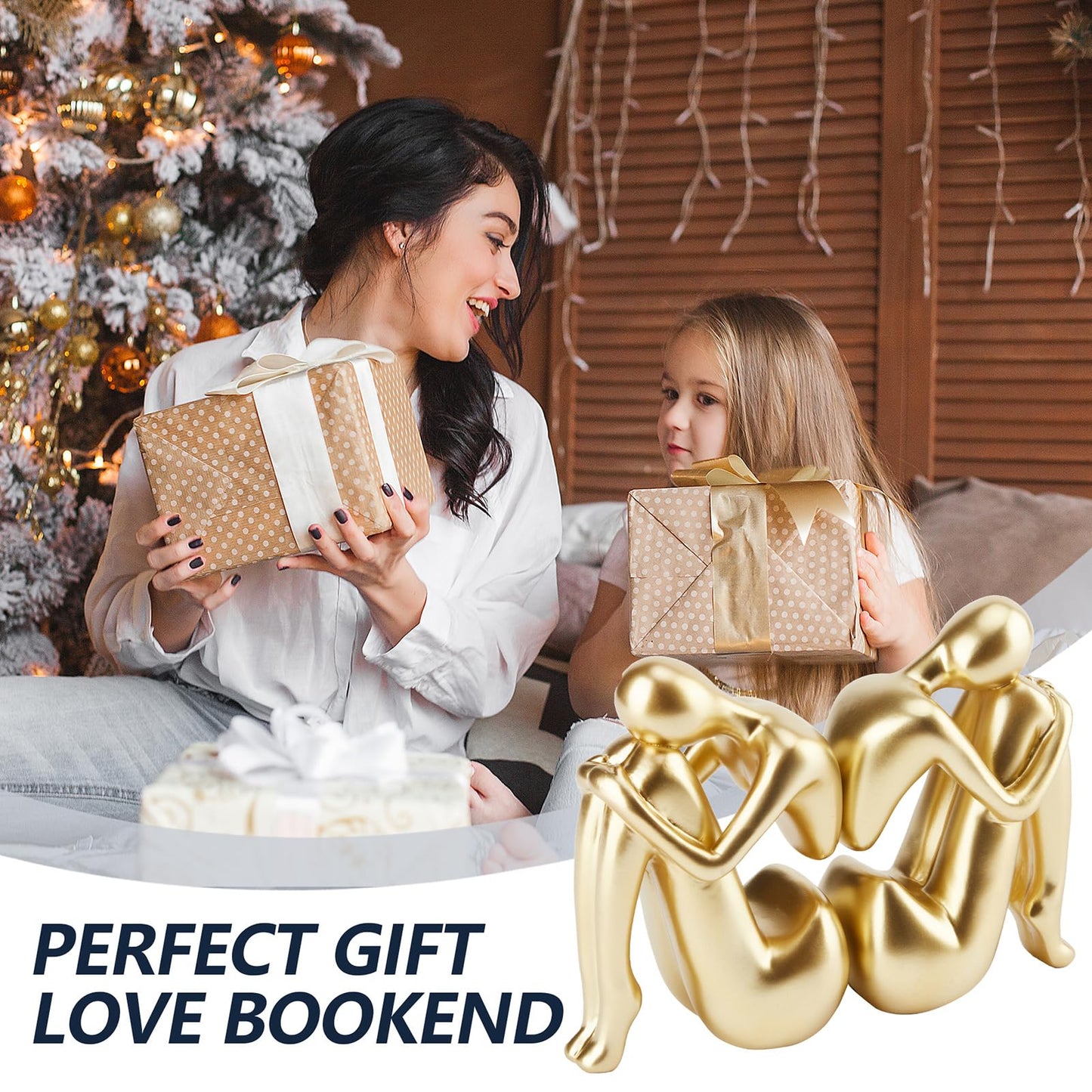 Xmeden Gold Bookends Book Ends, Unique Decorative Girl Thinker Design,Non-Slip Home Office Bookshelf Decor, Modern Book Holder for Shelves, Heavy Duty Resin Book Stopper for Books,1Pair/2Piece