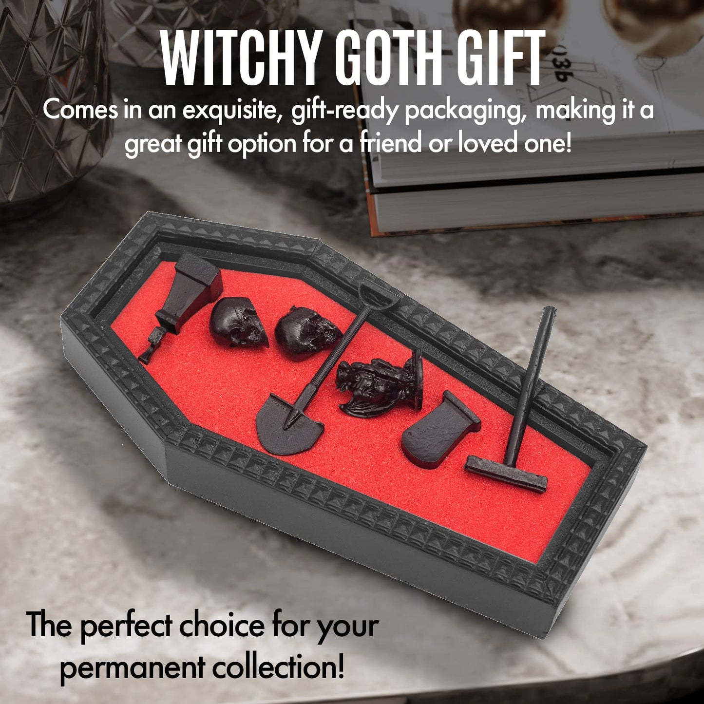 CEFRECO Coffin Zen Garden with Red Sand - Unique Mini Therapy Zen Garden Kit for Desk - Spooky Goth Valentines Halloween Decor Sand Garden with Skulls for Home and Office - Witchy Gifts for Women