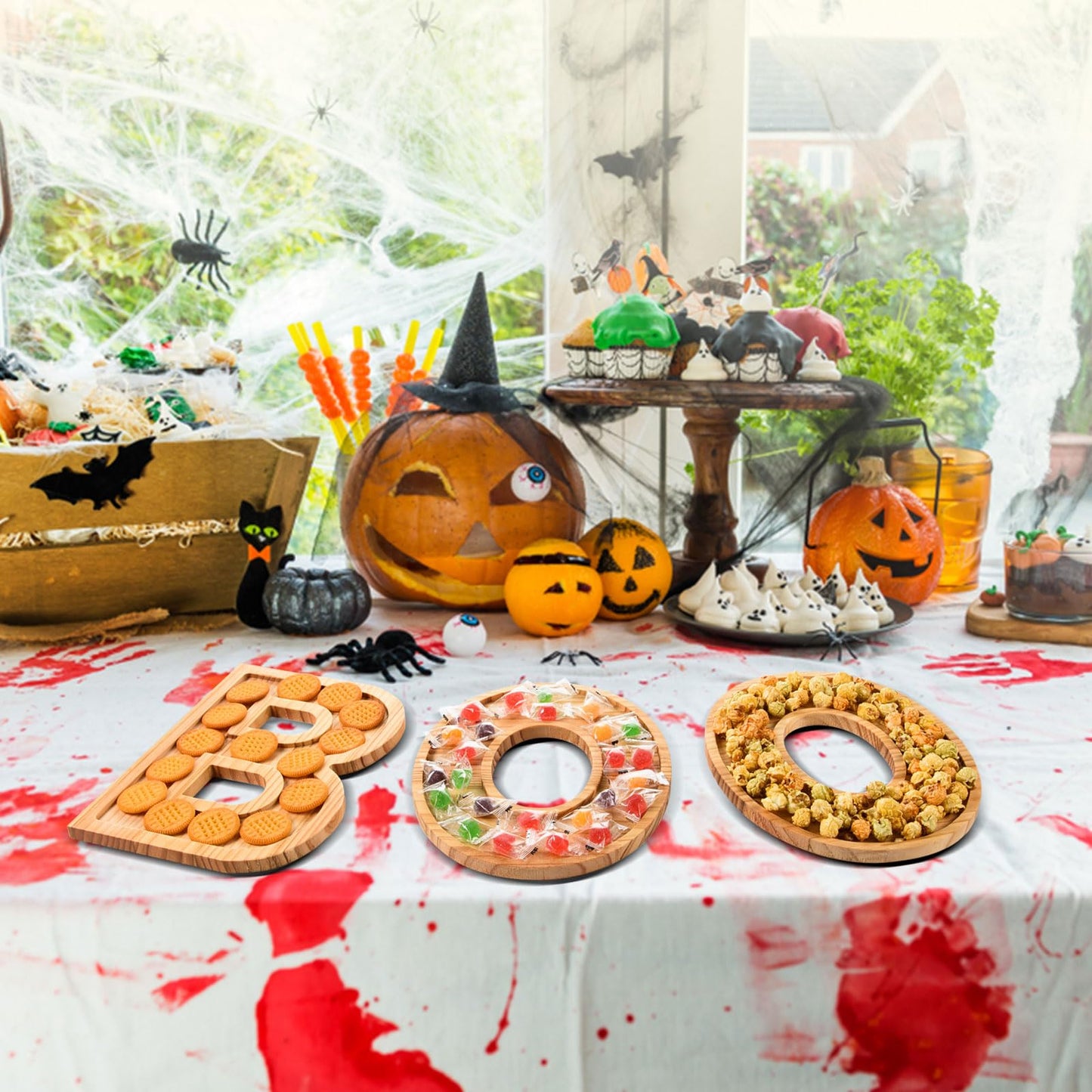 AWIZOM 3 Pcs Halloween Charcuterie Boards BOO Wooden Serving Platters Halloween Pine Wood Trays Wooden Snack Cookie Dish Plates for Home Kitchen Holiday Housewarming Dinnerware Presents
