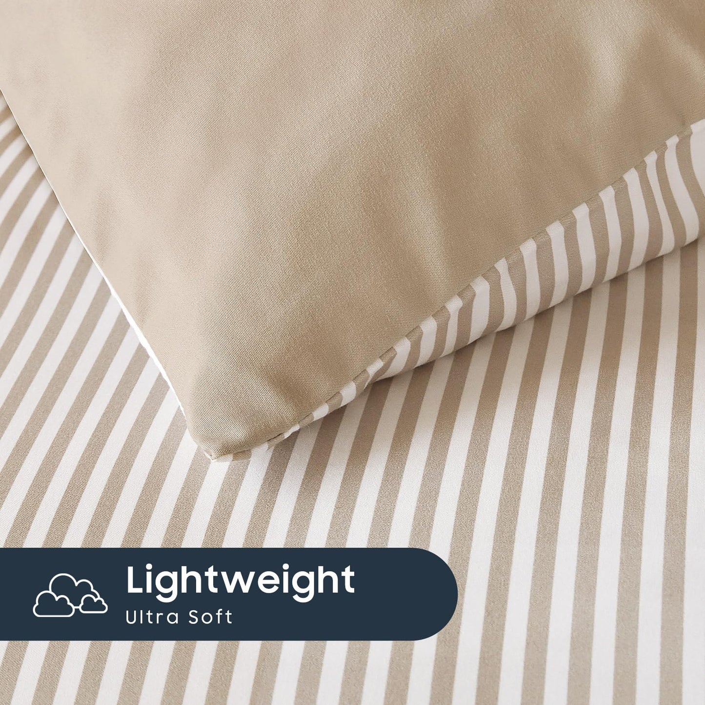 Wake In Cloud - Striped Comforter Set, Ticking Stripe Vertical Pinstripe Neutral Farmhouse Pattern Printed, Soft Lightweight Bedding, 3 Pieces, Light Brown White, Twin/Twin XL Size