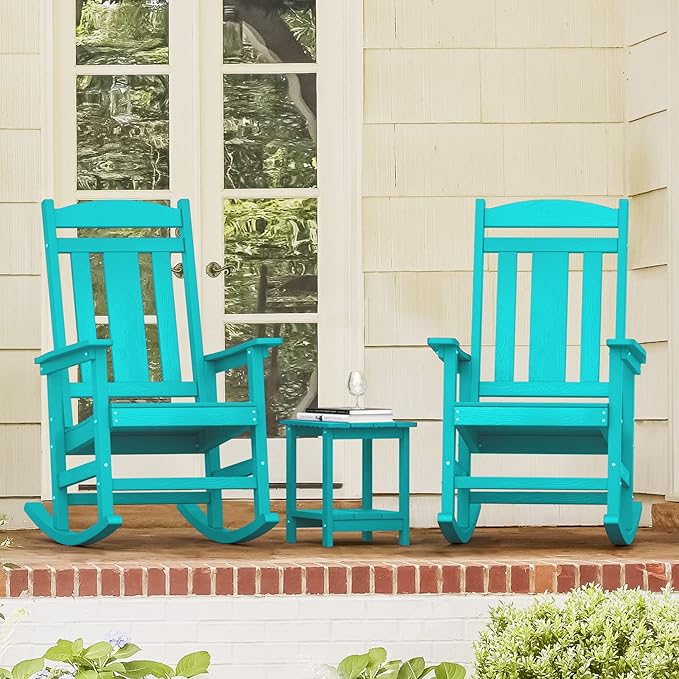 LUE BONA Rocking Chair Outdoor, Weather Resistant HDPS Plastic Rocker Chairs, 350lb Heavy Duty, Oversized Porch Rocker for Adult, High Back Smooth Rocking Chairs for Outdoor & Indoor, Aruba Blue