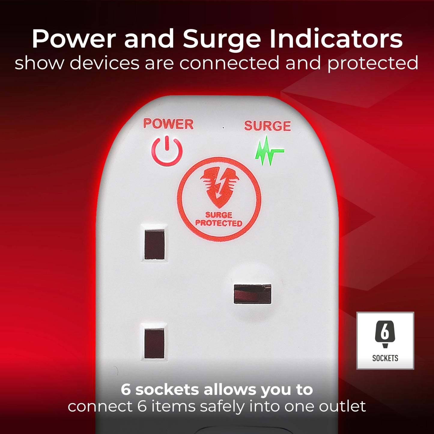 Masterplug Six Socket Extension Lead, Surge Protection, Individual Switches, Power and Surge LED Indicators, 2 Metre Cable, 6-Way Plug Extension Cable, Power Strip, White, 13A, 6G, 2m, SWSRG6210N