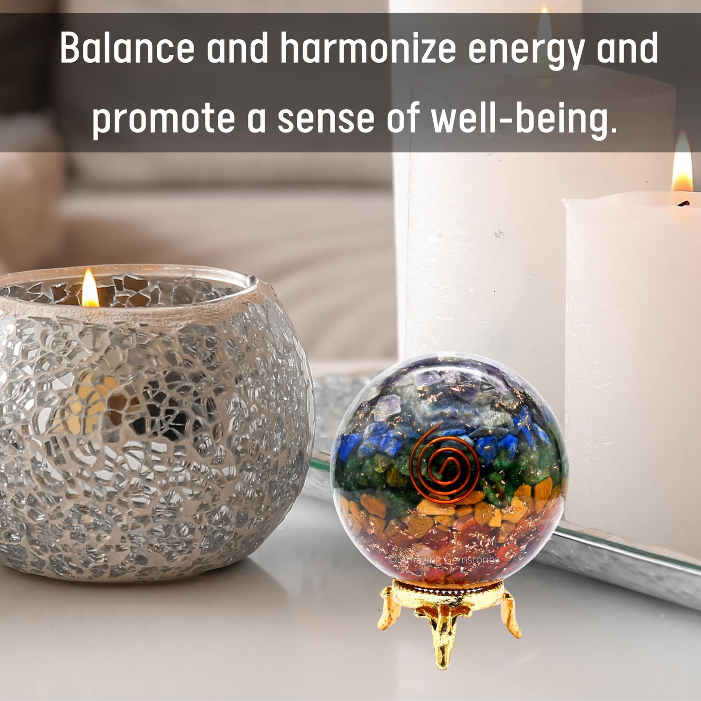 Amazing Gemstone 2.5" 7 Chakra Orgonite Orgone Crystal Sphere Ball with Stand - Meditation Crystal Ball for Witchcraft and Decorative Balls - Premium Gemstone Sphere Balls
