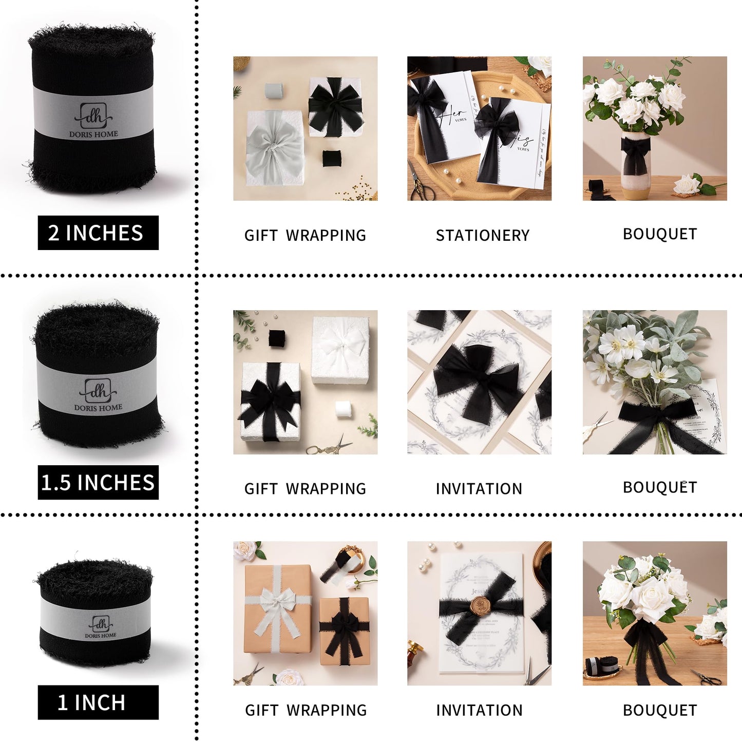 DORIS HOME 2" x21Yd Chiffon Ribbon for Flower Bouquet, Black & White Fabric Ribbon for Gift Wrapping, Handmade Frayed Ribbon for Wedding Christmas Decorations