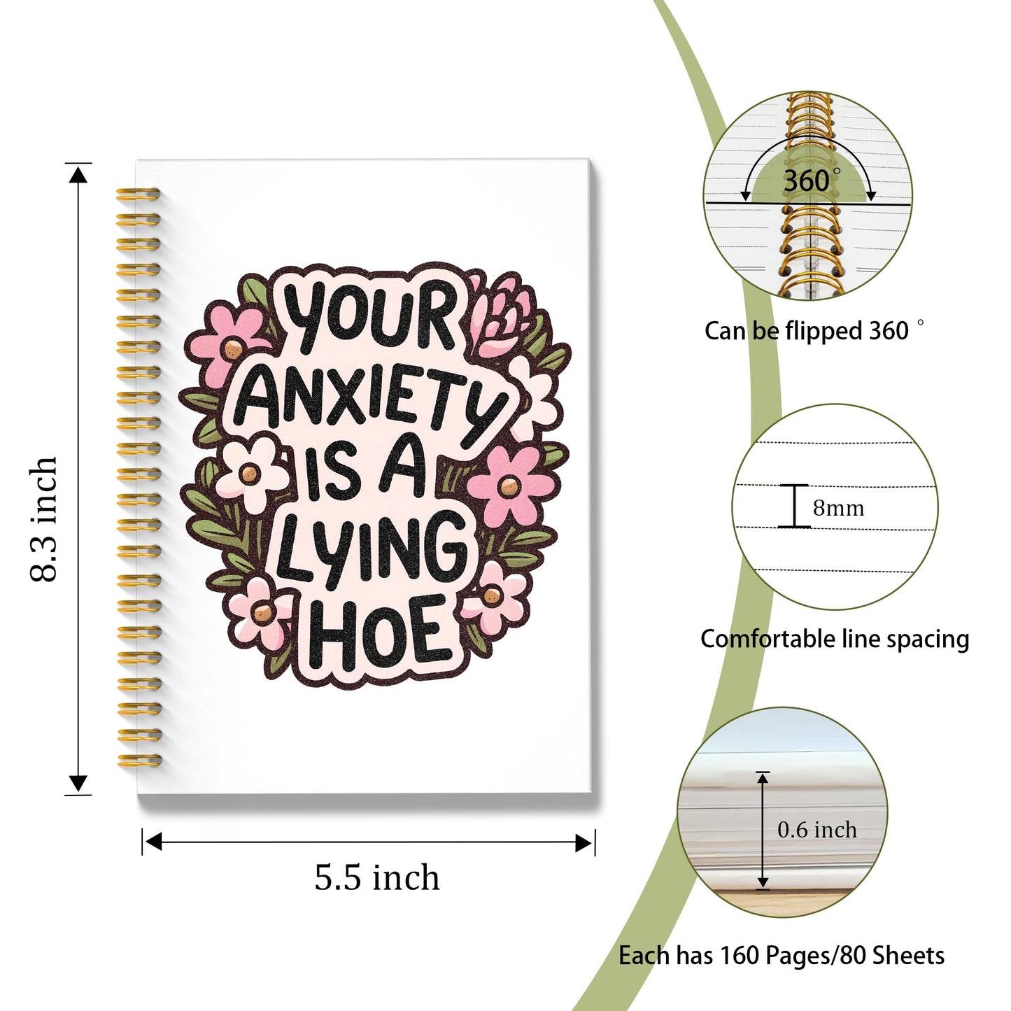 ROXMART Floral Mental Health Glitter Spiral Notebook, Anxiety Journal for women, Anti Anxiety Mental Health Gifts, Funny Psychology Positive Hardcover Notebook Journal, 5.5x8.3 Inch