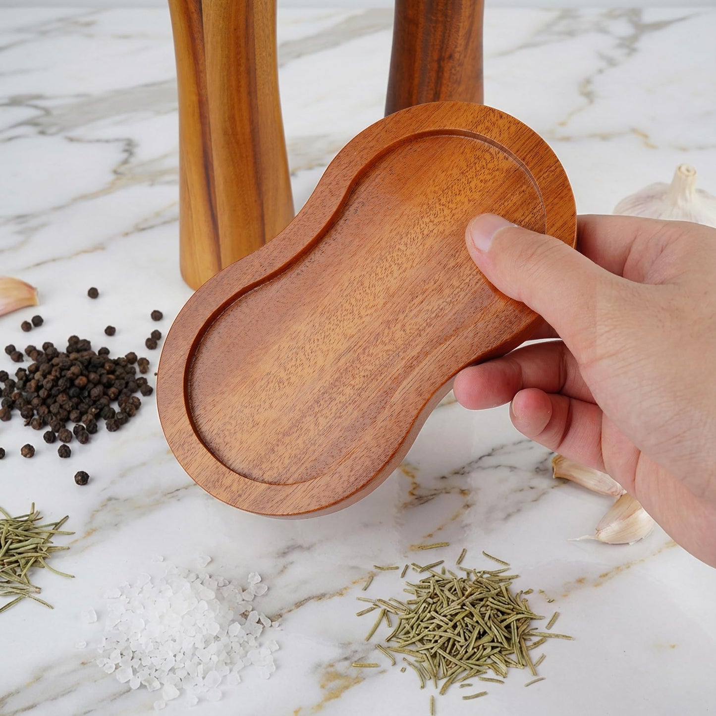 VanlonPro Salt and Pepper Mill Tray, Retro Sapele Wood Tray, Pepper Mill Holder & Rest (Inner Dia 2.6 Inch) fit Many Mills & Shakers, Salt & Pepper Grinder Accessories, Kitchen Storage Holder