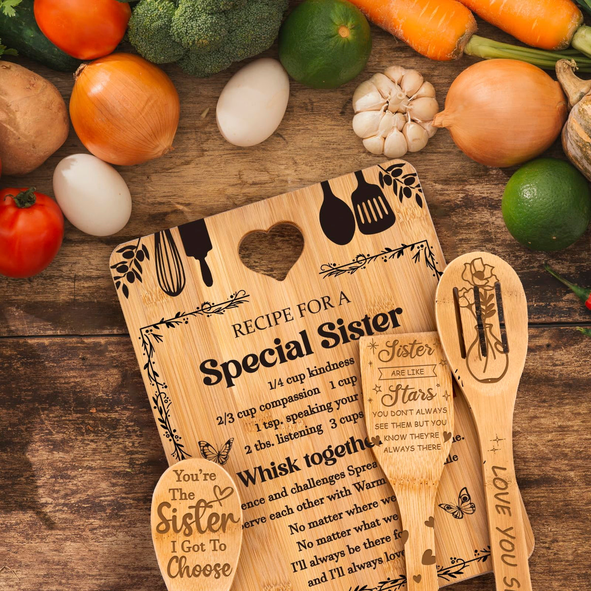 Sister Birthday Gifts - "Recipe for a Special Sister" Sister Gifts from Sister Cutting Board Set, Bamboo-Made Engraved Utensil Set Sister Gifts from Sister, Mothers Day Gifts for Sister