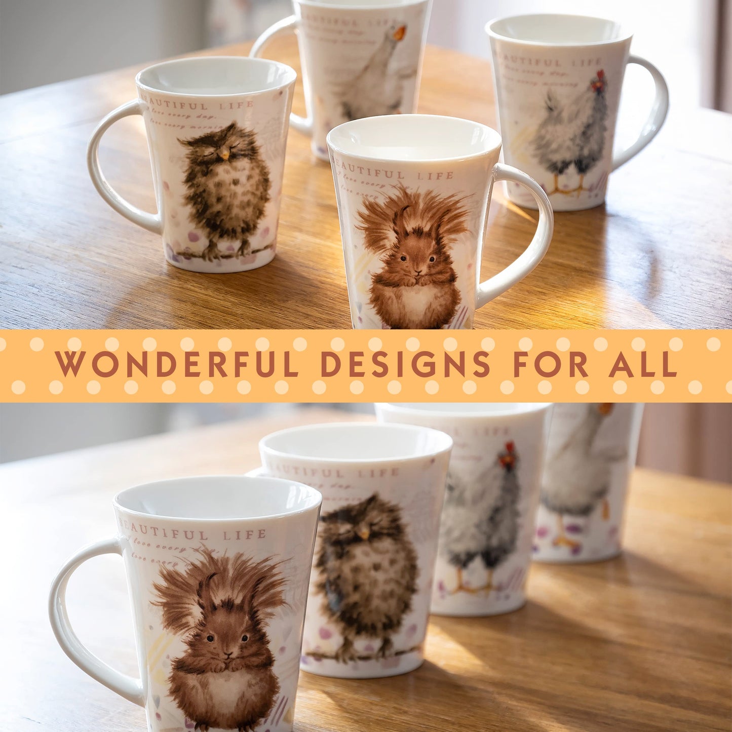 SPOTTED DOG GIFT COMPANY Animal Coffee Mugs Set of 4, 12.2 oz Ceramic Mugs & Tea Cups with Owl Squirrel Chicken Goose Designs, Microwave & Dishwasher Safe, Animal Lover Gifts for Women & Men