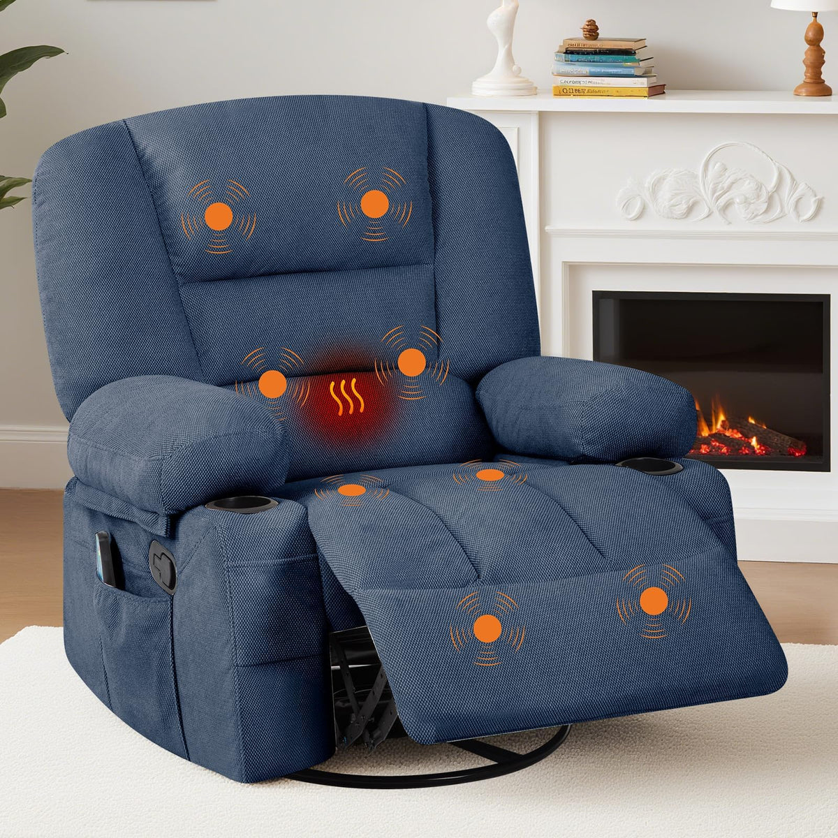 Oversized Wide Recliner Chair with Vibration Massage and Heat, 360° Swivel Recliner Glider for Adults,Chenille Fabric Manual Reclining Single Sofa with Cup Holders & Side Pockets for Living Room,Blue