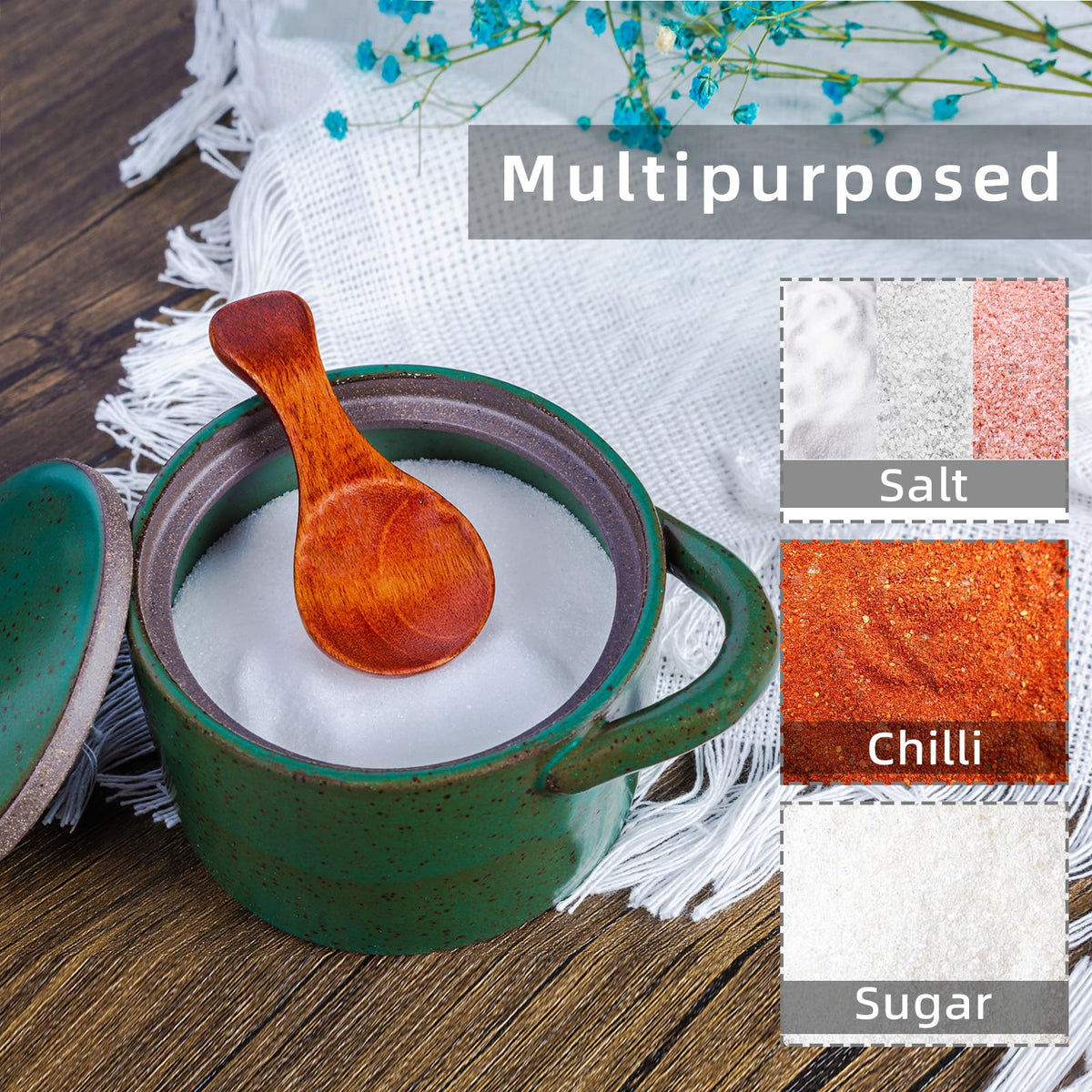Sanbege Speckled Ceramic Salt Cellar with Lid and Wooden Spoon, Rustic Spice Jar, Farmhouse Sugar Bowl for Sea Salt, Sugar, Spice and Kitchen Decor (Green)
