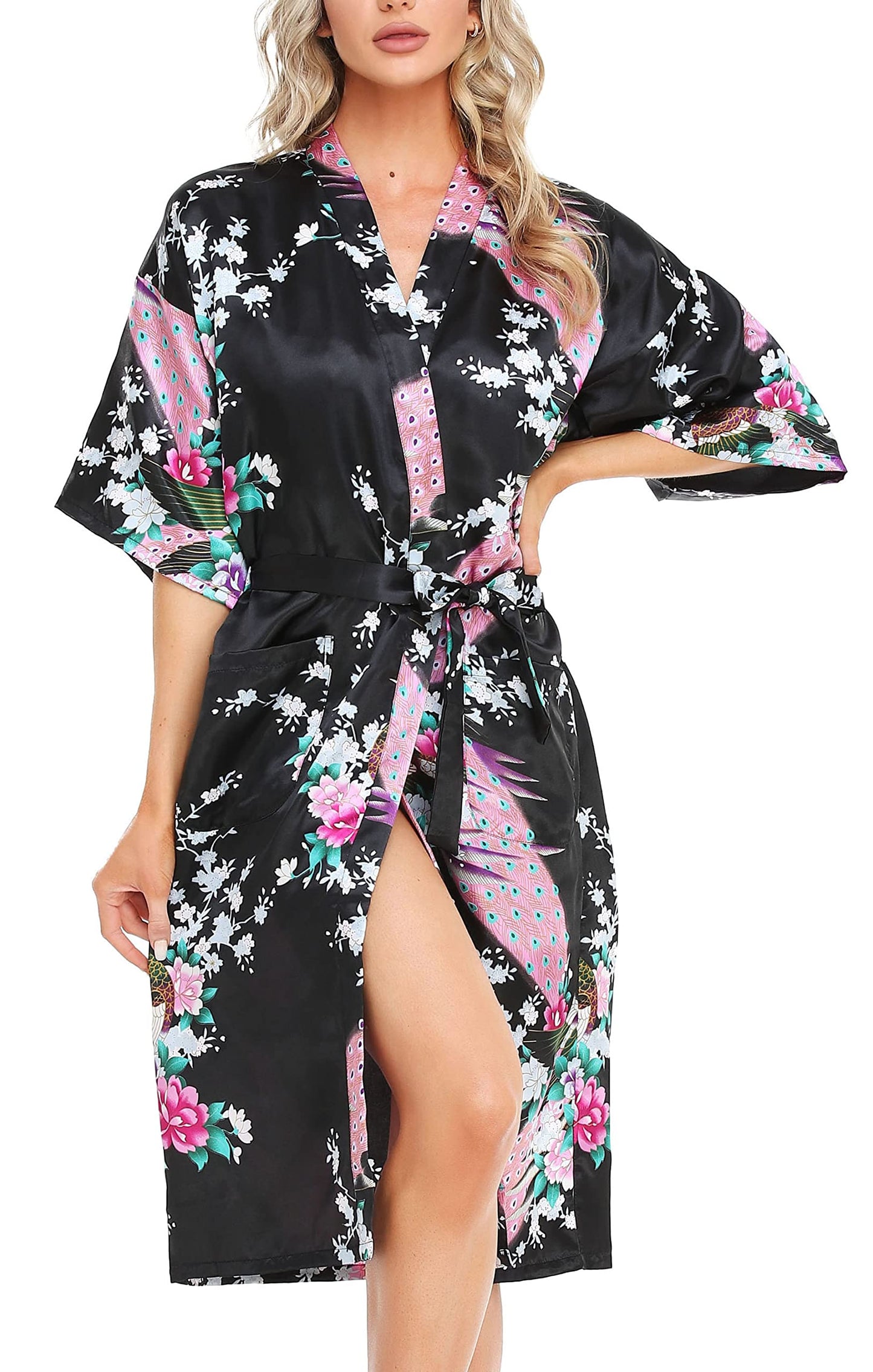 Lovasy Kimono Dressing Gowns Satin Kimono Robe Peacock and Blossoms Silk Dressing Gown for Women UK Long Silk Bride and Bridesmaid Robes,Black,XL