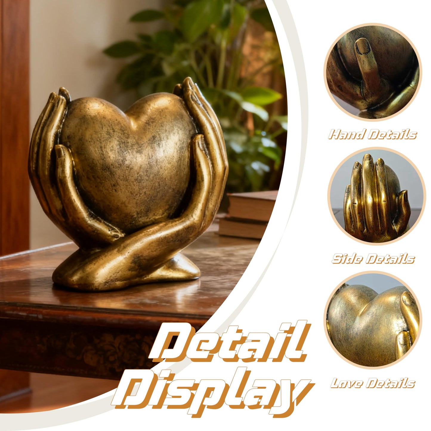 Gold Heart Hands Sculpture Boho Home Decor Accents Living Room Decor, Aesthetic Shelf Decoration, Ideal for Coffee Table, Shelves, Home, Bedroom, Birthday, Wedding Table Decor, and Symbol of Love