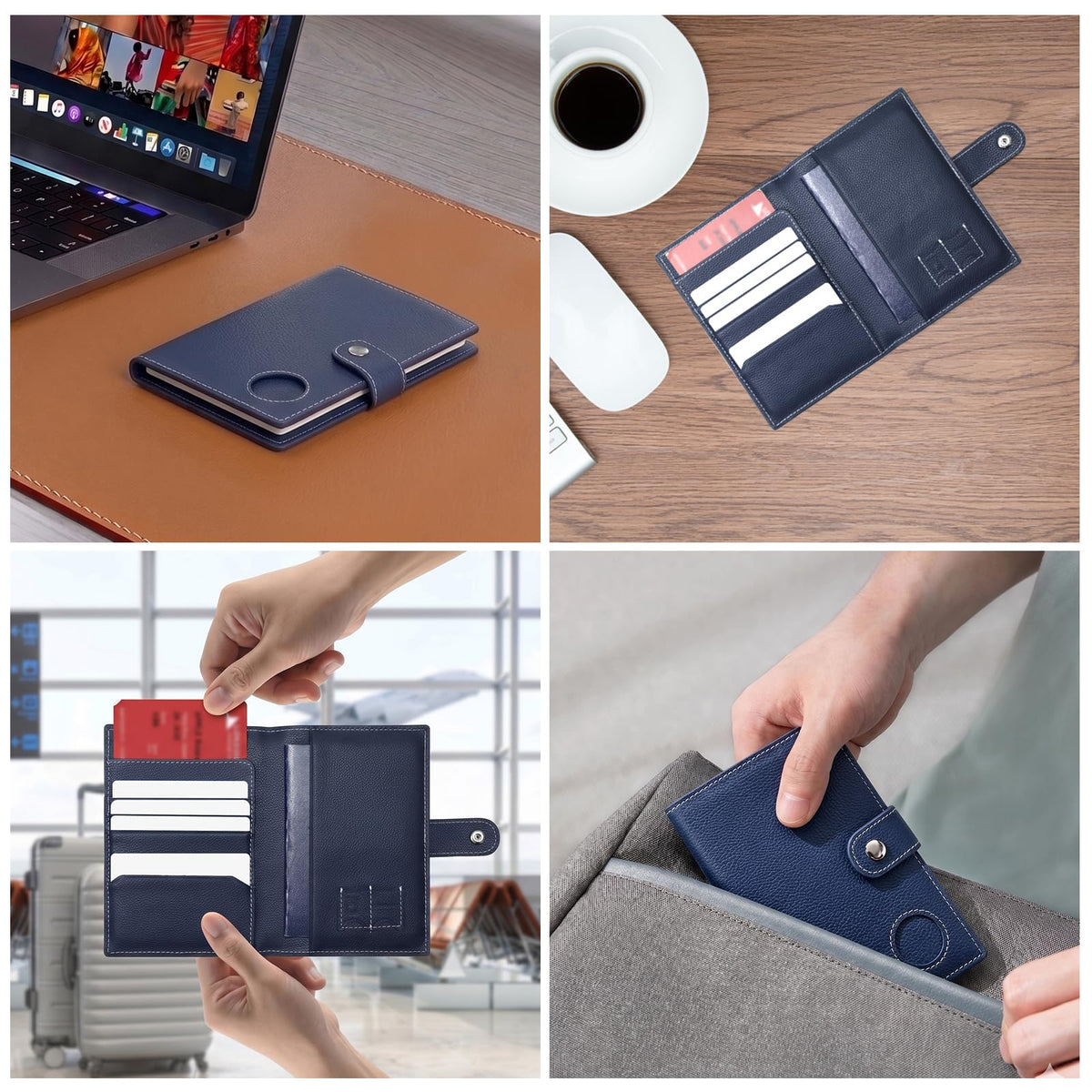 Genuine Leather Passport Holder for Travel, RFID Blocking Passport Wallet with Tracker Holder, Slim Passport Cover Travel Wallet for Women Men, Airport Essentials (Blue)