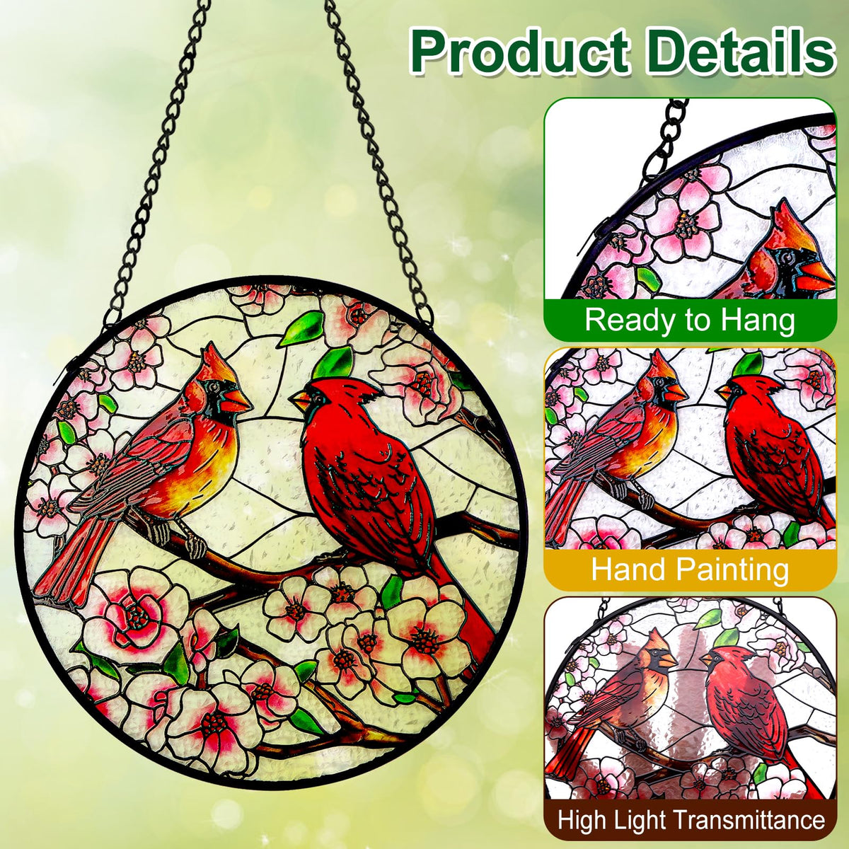 Remiawy Cardinal Stained Glass Window Hanging, 6 Inch Sun Catcher Glass Panel with Metal Chain and Hooks Suncatcher Indoor Window Wall Art Home Decor Gift for Bird Lovers Women Mother's Day Christmas