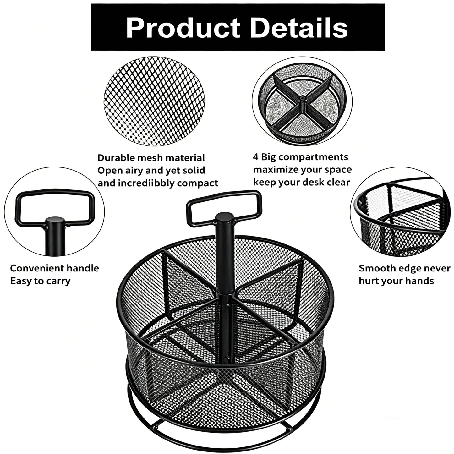 Marbrasse Mesh Desk Organizer, 360-Degree Rotating Multi-Functional Pen Holder, 4 Compartments Desktop Stationary Organizer, Home Office Art Supply Storage Box Caddy (Black)
