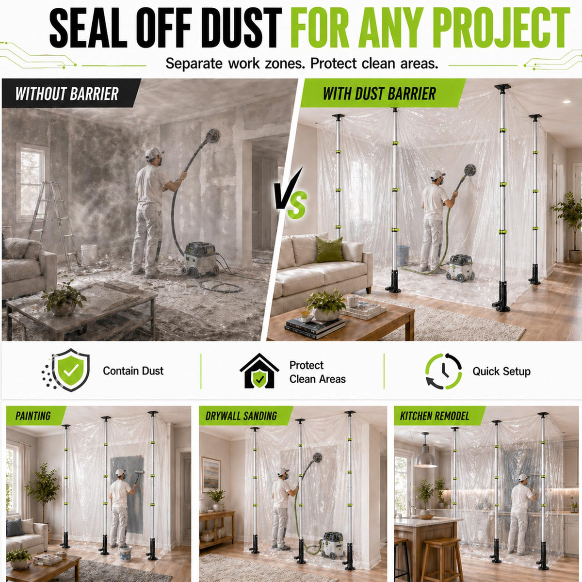 10FT Dust Barrier Poles, Foot-Pedal Spring-Release, 4-Pack Lightweight Aluminum Zipper Wall Telescoping Poles for Temporary Dust Barrier System, Construction & Home Renovation, with Carry Bag