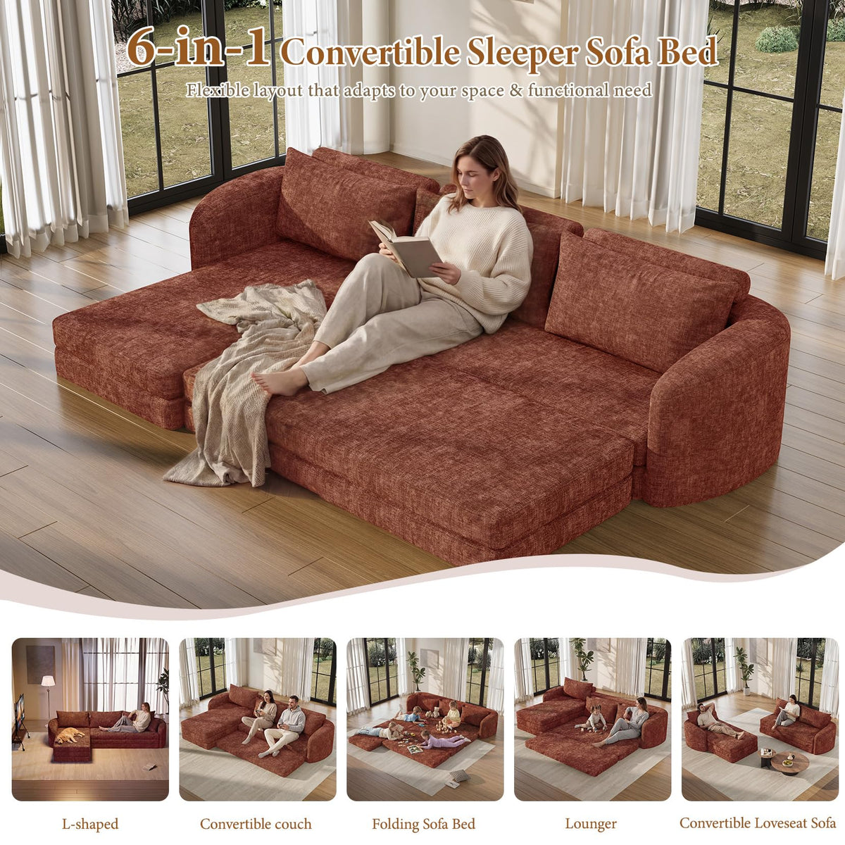 Vesgantti 110.2" Modular Sectional Sofa with Curved Armrest, 6 in 1 Convertible Folding Sleeper Sofa Bed, Chenille Boneless Couch for Living Room, No Assembly Required, Orange, Left Facing Chaise