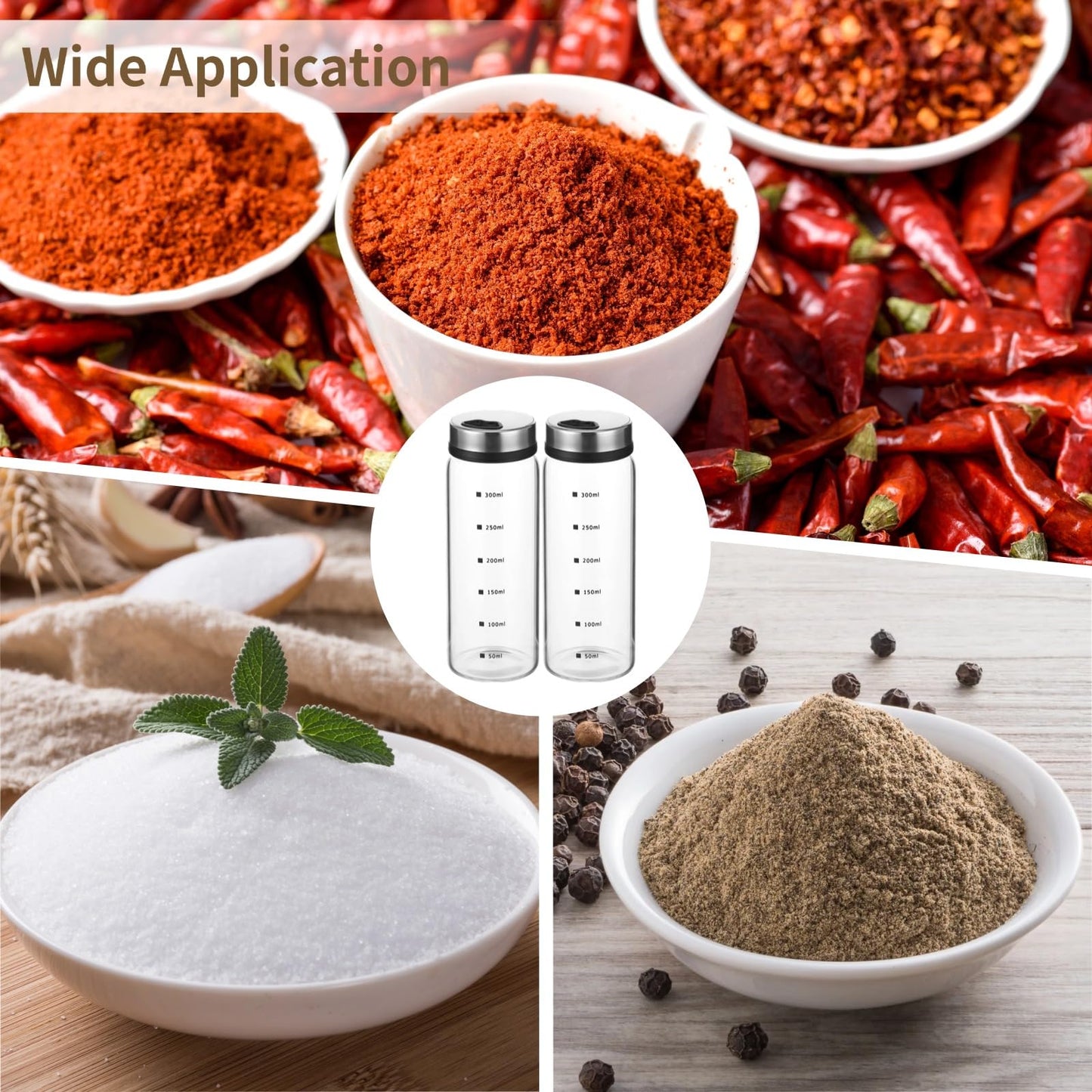 4 Pcs Salt and Pepper Shakers, 350ml Glass Spice Bottles with Adjustable Pour Holes, Spice Dispensers with Non-Slip Silicone Bases, Seasoning Jars with Rotating Steel Lids for Kitchen