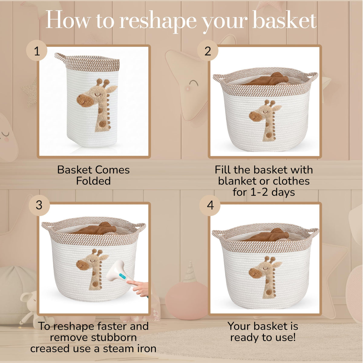 Giraffe Storage Basket for Nursery – Large 15”x11” Cotton Rope Bin with Soft Felt Animal Patch – Toy Organizer, Baby Laundry Hamper, Diaper & Towel Holder – Foldable, Washable & Baby-Safe