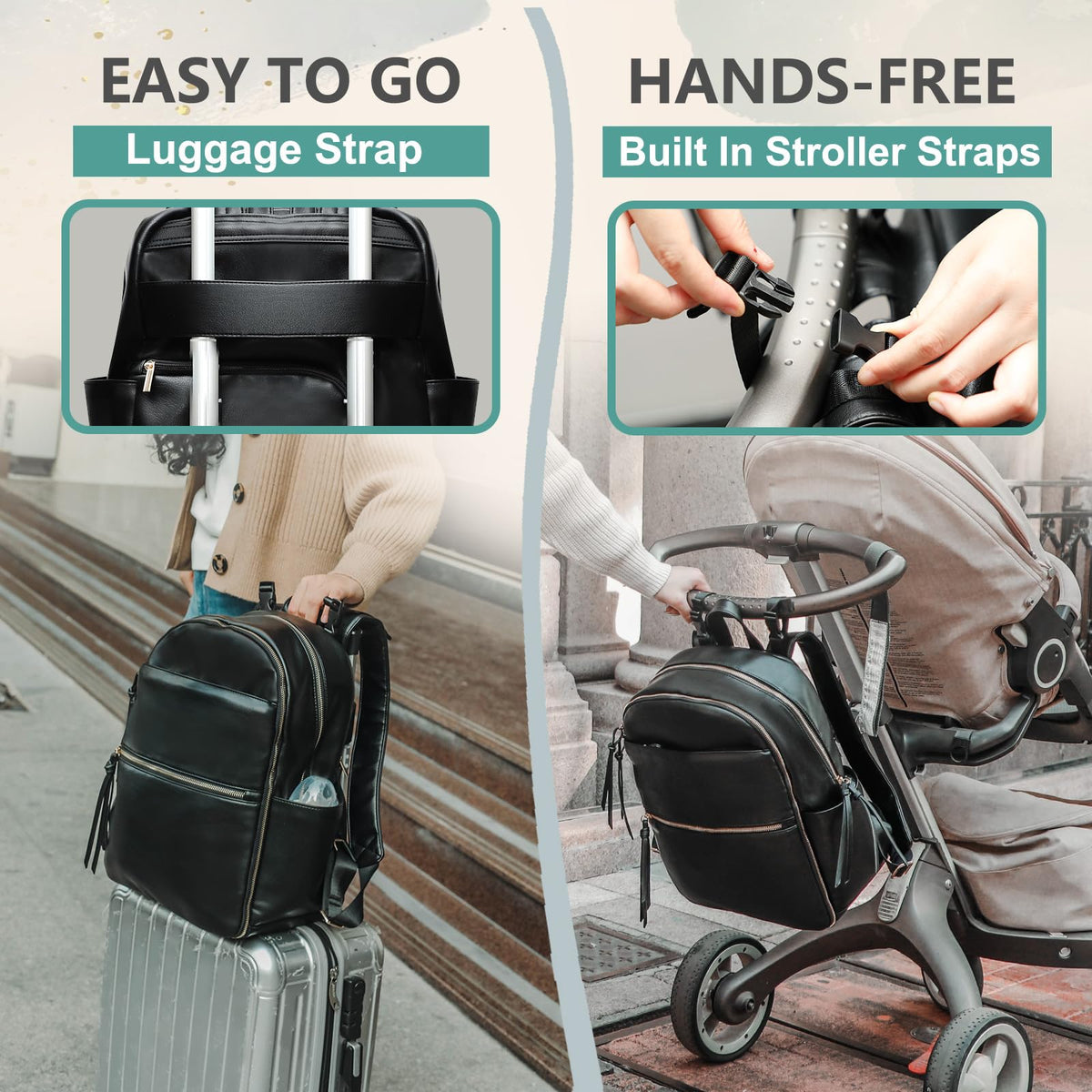 MOMINSIDE Diaper Bag Backpack Leather Diaper Bag with 6 Insulated Pockets, Baby Bag for Mom Dad, Baby Registry, Changing Pad, Stroller Straps,Diaper Backpack Diaper Bag Leather (Black)
