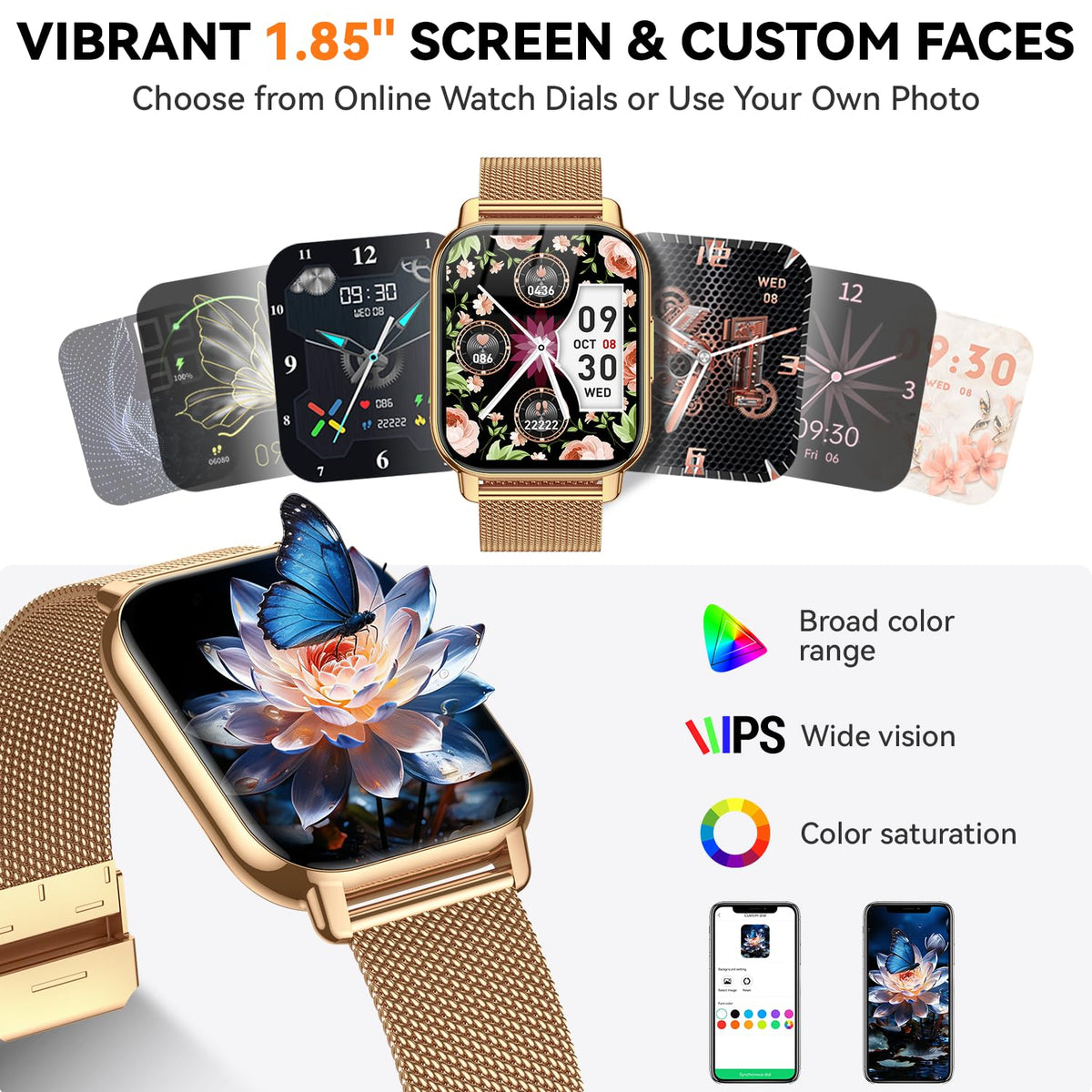 Kriutefy Smart Watch for Women (3 Bands), Fitness Tracker with Bluetooth Calls, IPX8 Waterproof Smartwatch for Android iPhone, 112+ Sport Modes, Heart Rate/Sleep/SpO2 Monitor, Gold