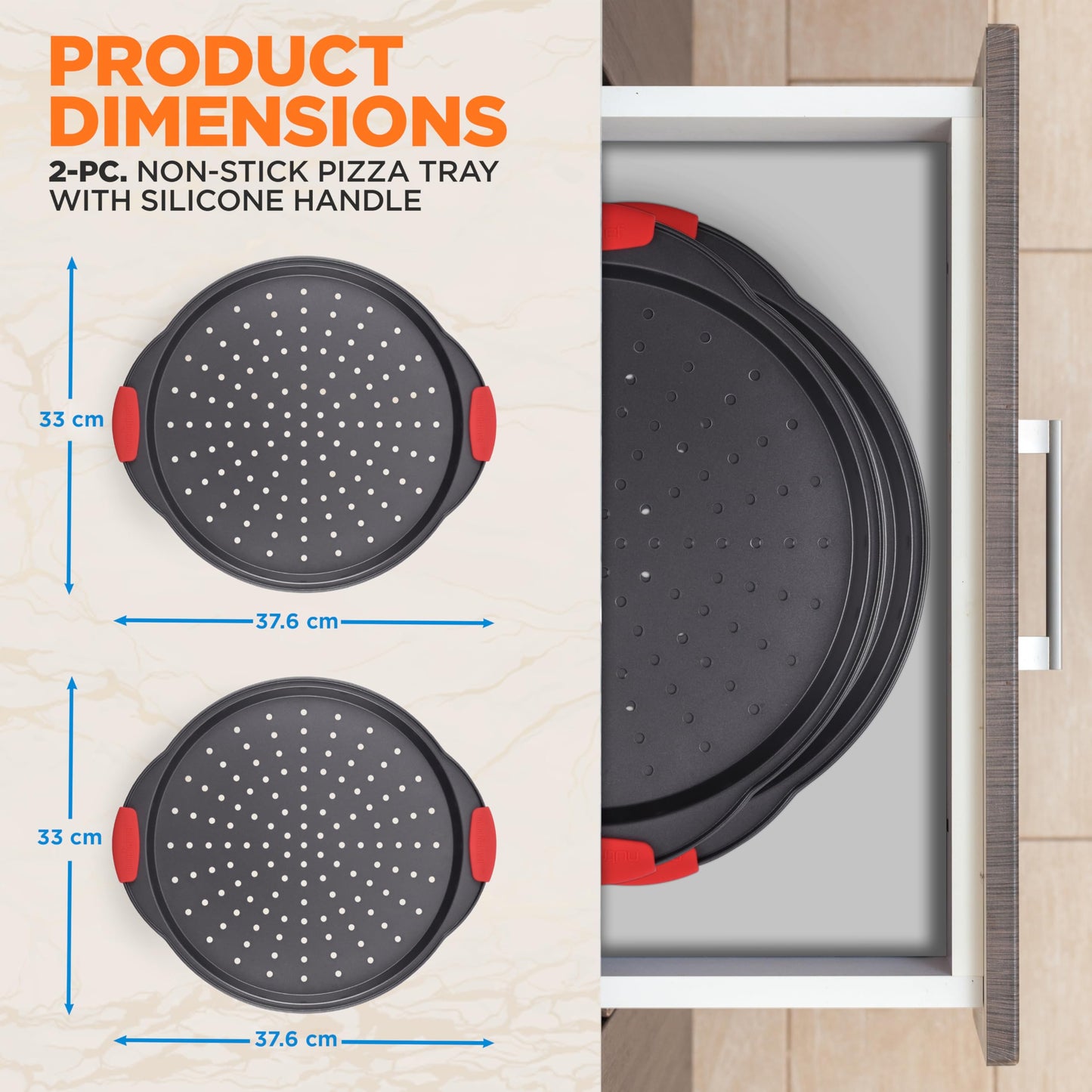 NutriChef 2-Pc. Non Stick Pizza Tray - with Silicone Handle, Round Steel Non-Stick Pan with Perforated Holes, Dishwasher Safe, Pizza Tray with Silicone and Oversized Handle, PFOA, PFOS, PTFE Free