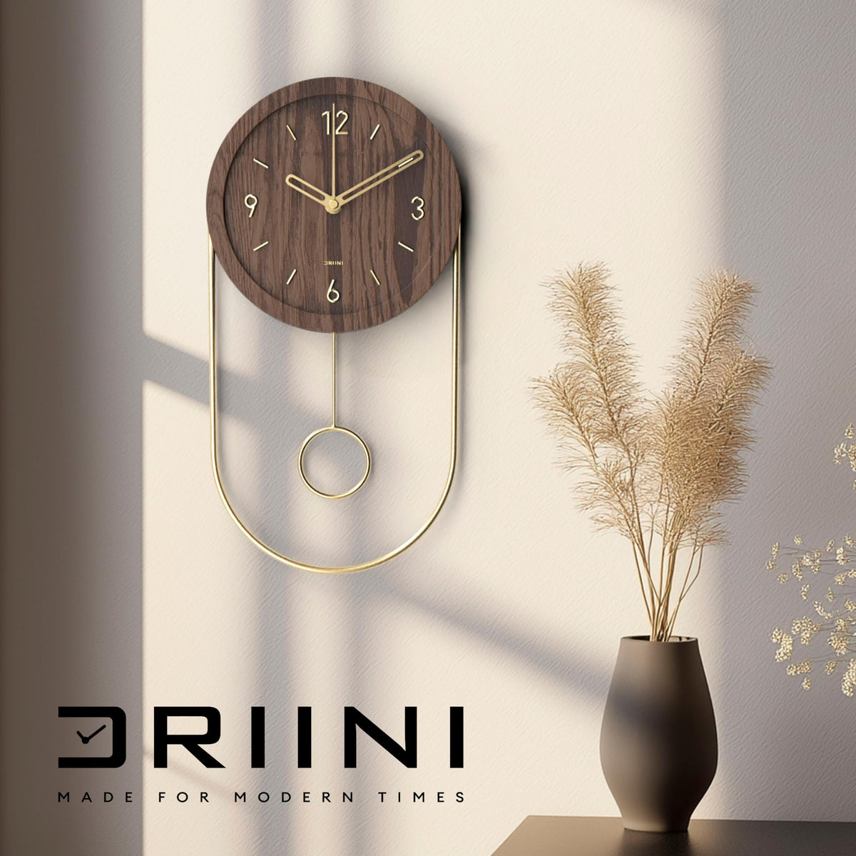 Driini Decorative Wall Clock with Pendulum (Walnut) – Modern Wood, 3D Gold Numbers, Metal Frame – Small, Unique Wall Clocks for Living Room Decor or Bathroom - Battery Operated, Silent, Non-Ticking