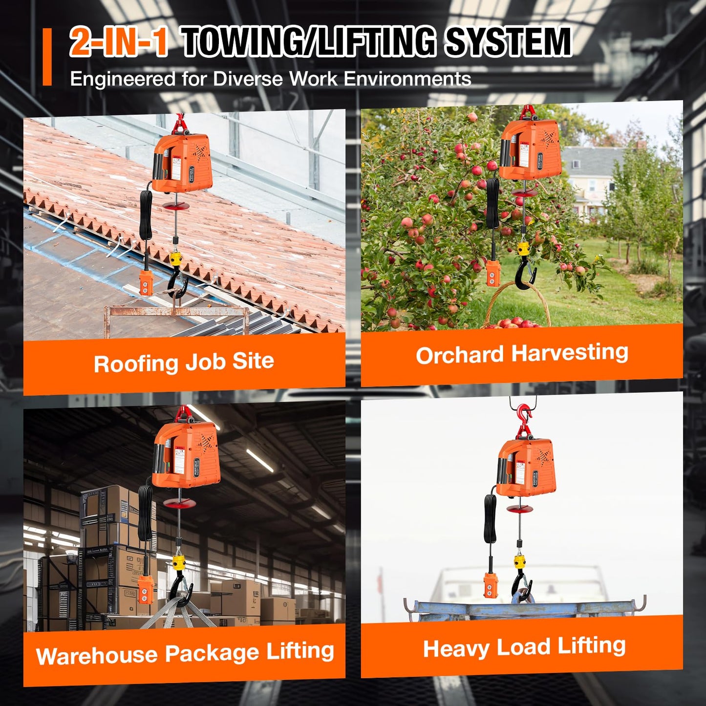 3-in-1 Electric Hoist with Remotes, 2200lb Capacity Portable Power Winch Crane 110V, 25ft Lifting Height (Orange, 3-IN-1-2200LBS)