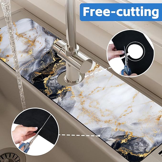 Black White and Gold Marble Dish Drying Mat
