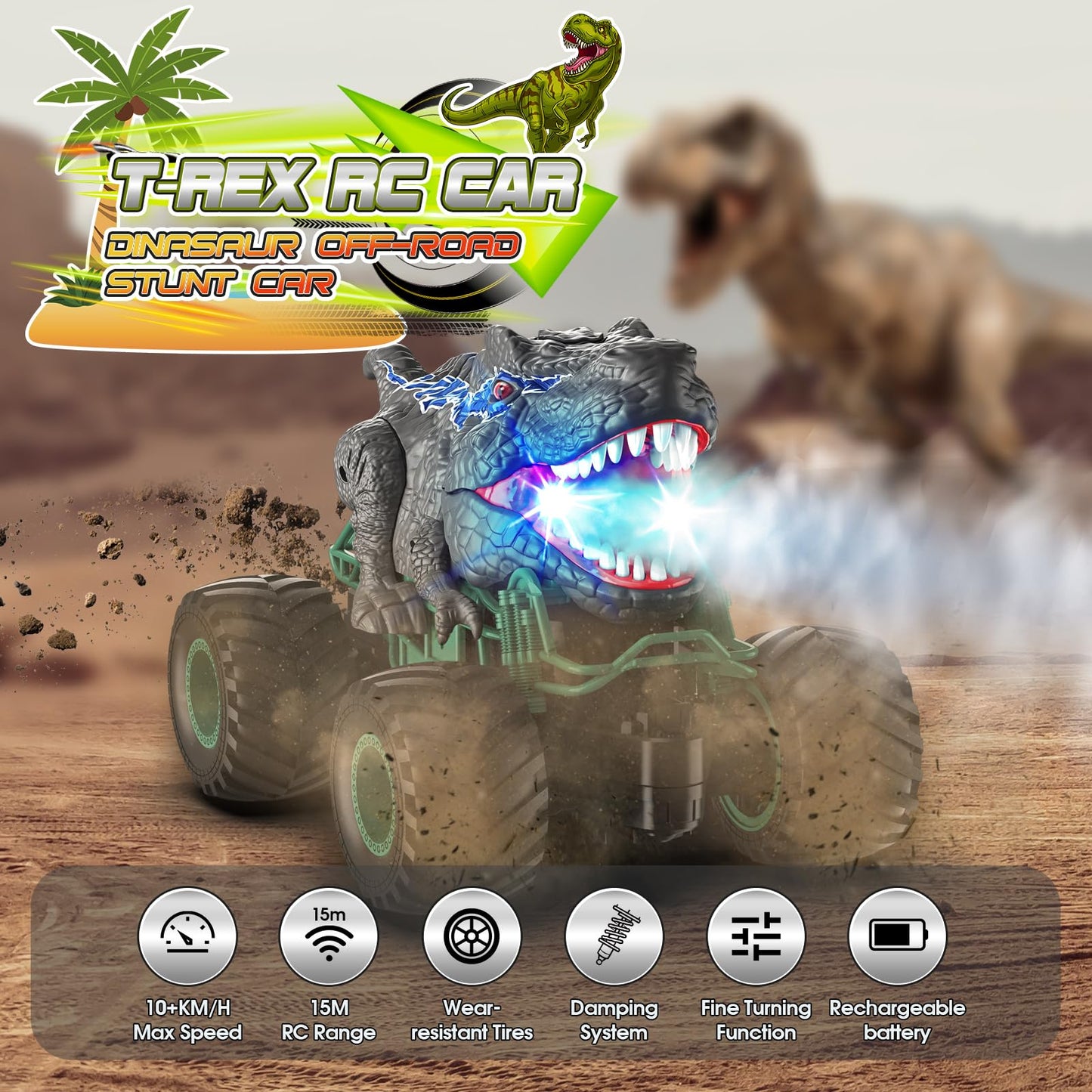 HappyGoLucky Dinosaur Toys for Boys, 1:16 Scale RC Monster Truck with Spray Roar LED Lights, Kids Toys for 4-8 Year Old Boys Gifts Toys Age 3 4 5 6 7, Outdoor Garden Toys Easter Gifts for Kids