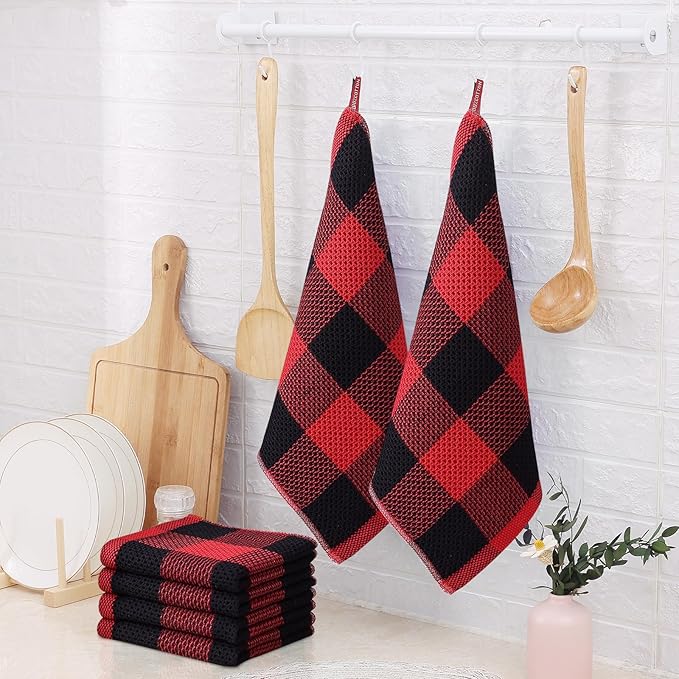 Homaxy 100% Cotton Waffle Weave Check Plaid Dish Cloths, 12 x 12 Inches