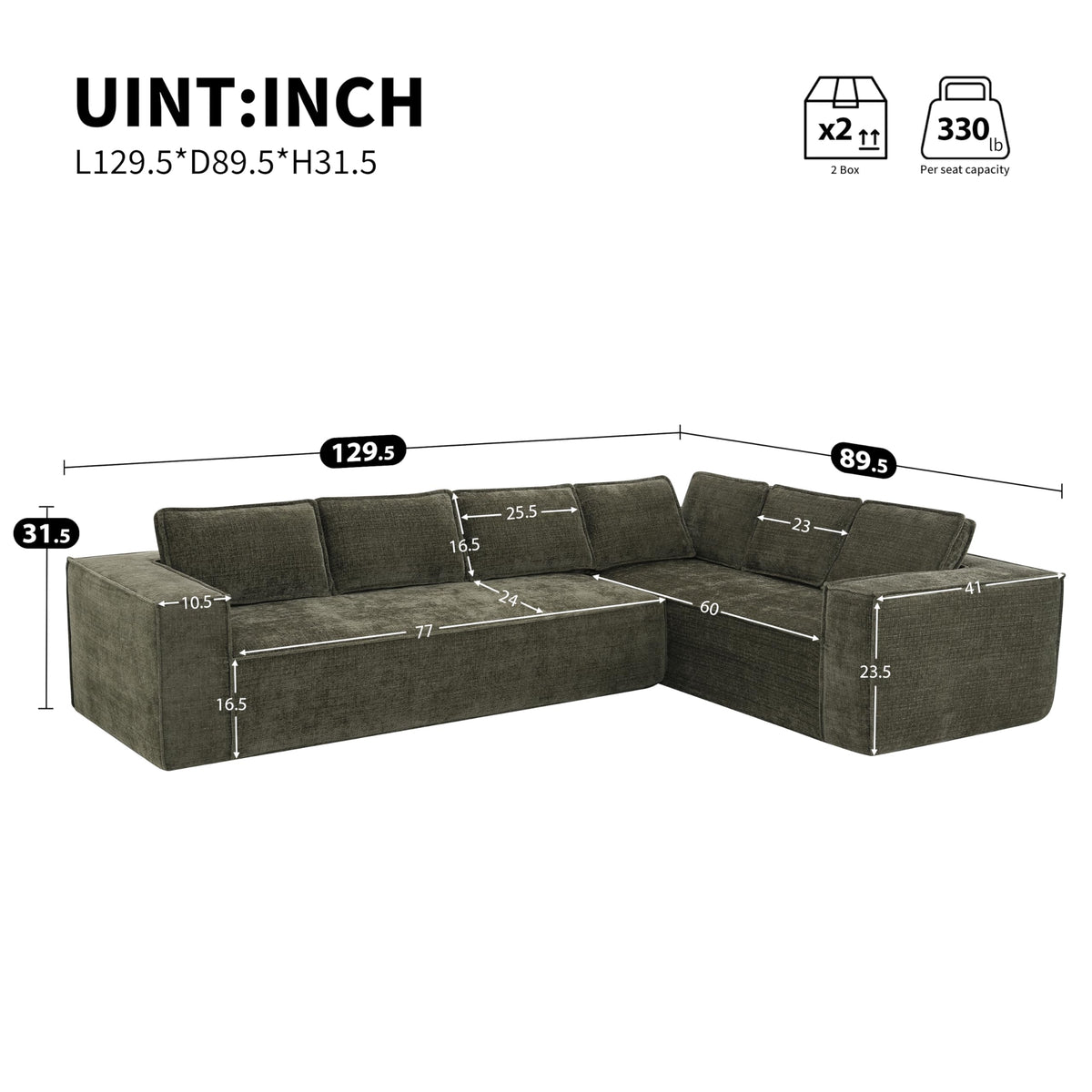 Merax Modern 129.5" L-Shaped Convertible Sectional Sofa with Cushions, Floor Modular 6-Seat Couch Set with Chaise for Living Room, No Assembly Requiered, Wrinkle-Resistant, Green